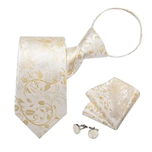 DiBanGu Silk Tie Cream White Floral Lazy Easy-pull Mens Dress Tie Set Fashion