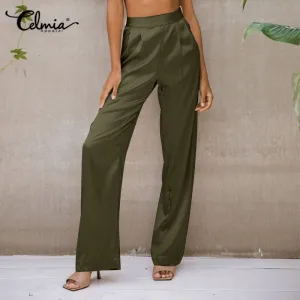 Elegant Satin Wide Leg Pants 2022 Fashion Long Pants Women High Waist Lady Pleated Casual Pockets Office Pantalon Femme