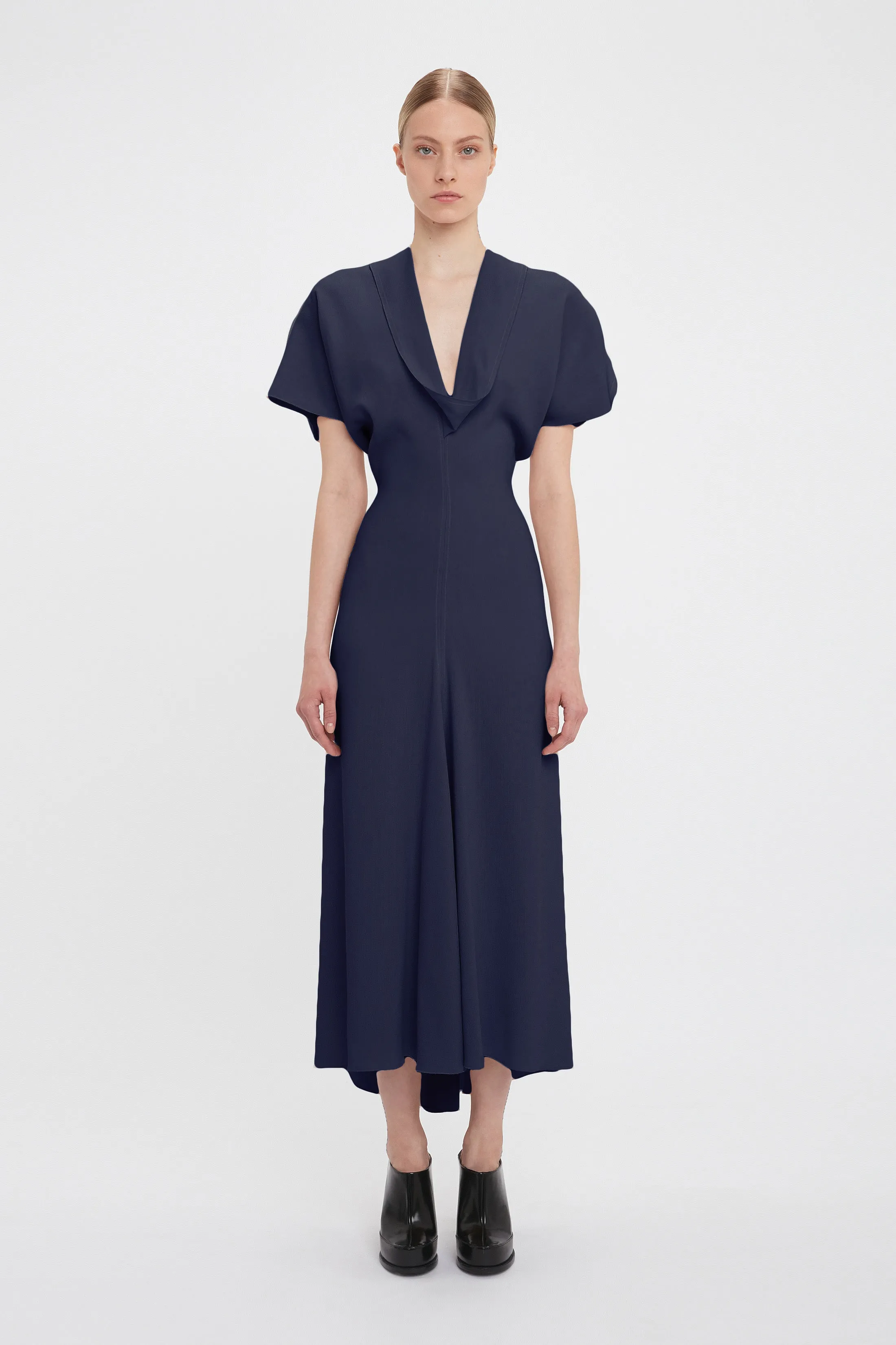 Exclusive Drape Sleeve V-Neck Midi In Ink Blue