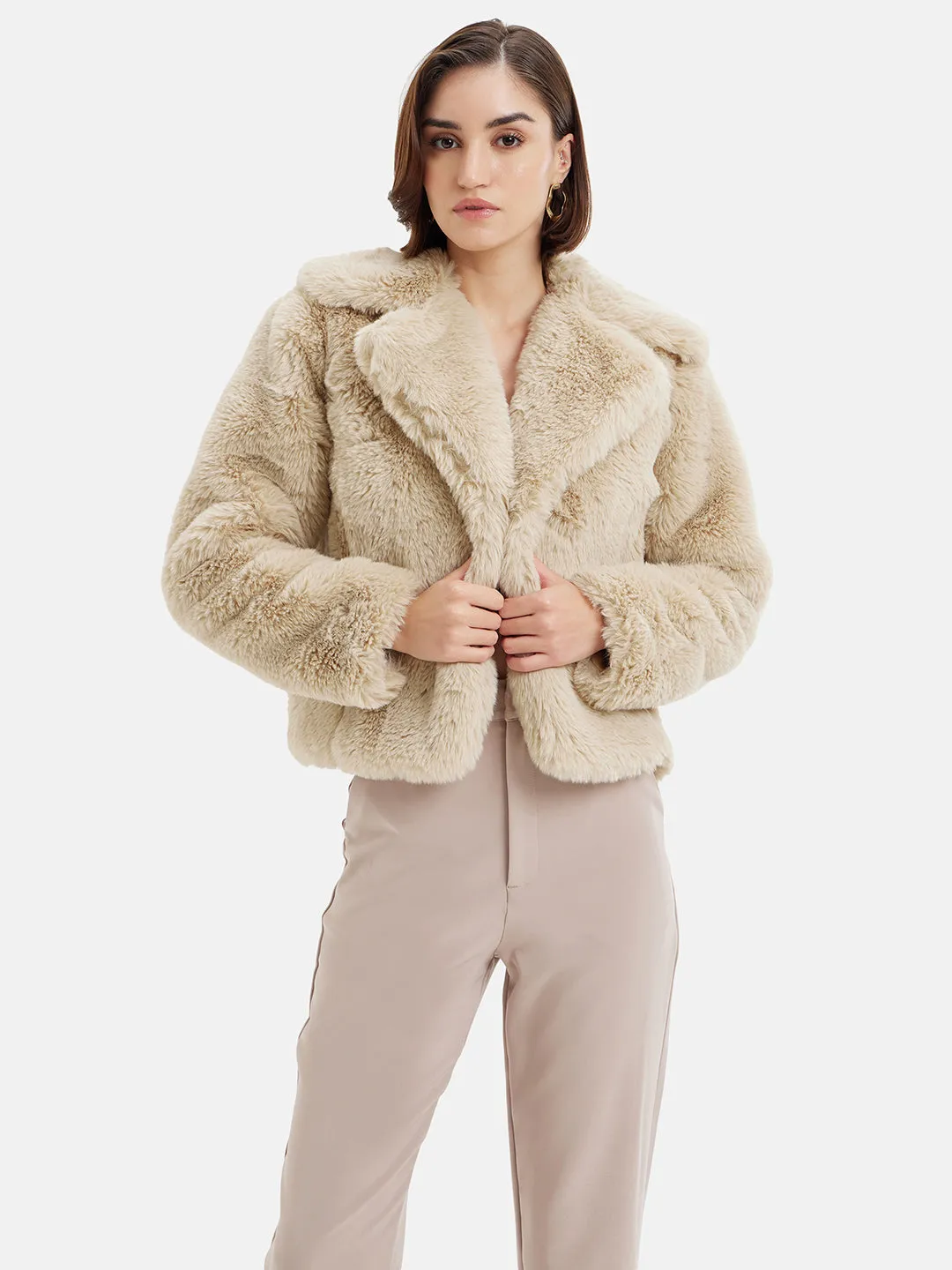 Faux Fur Jacket With Lapel Collar.