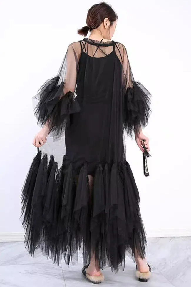 Floaty Ruffle Crew Neck Short Sleeve A Line Sheer Layer Tulle Maxi Dress