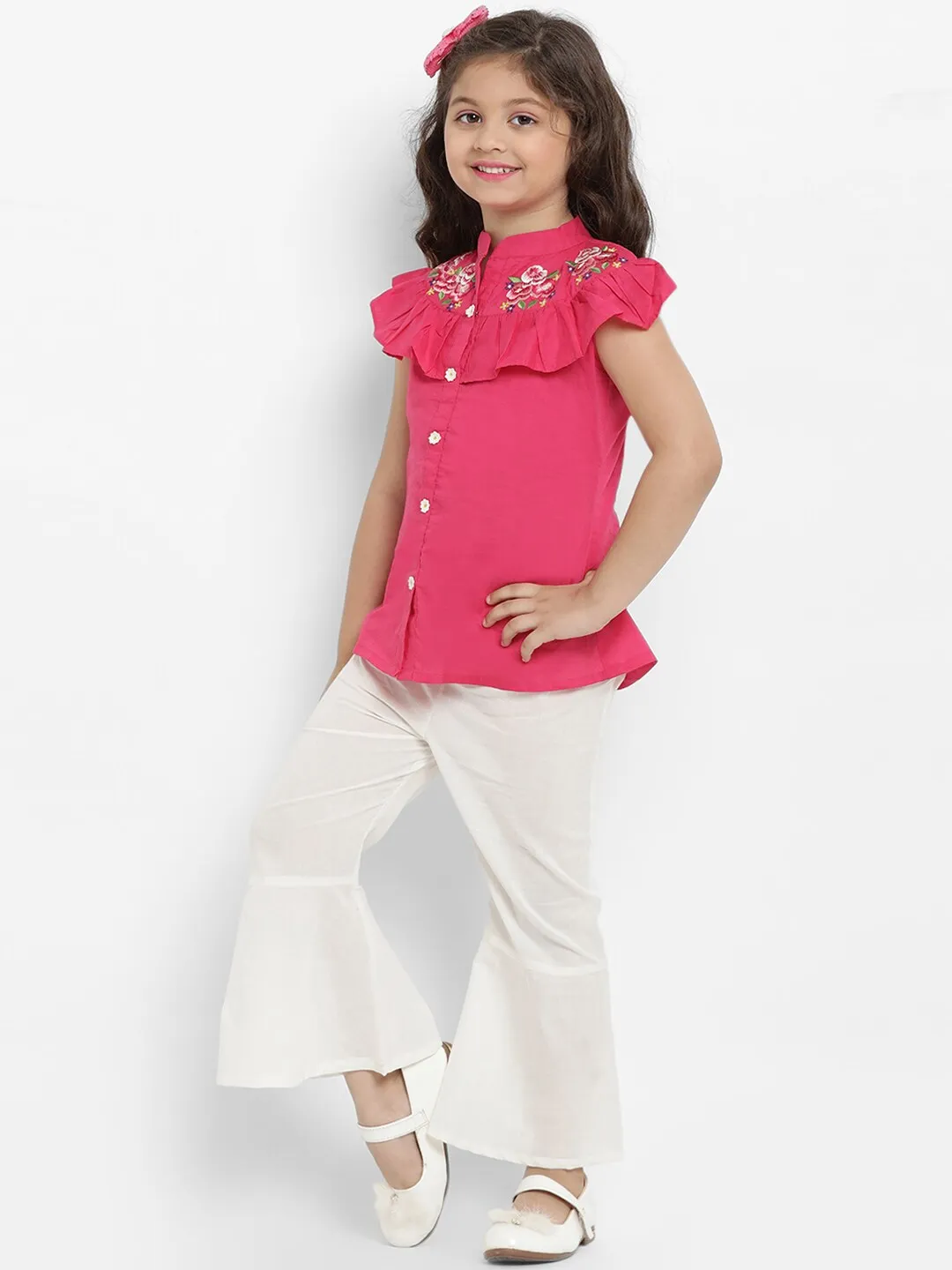 Girl's Fuchsia Pink & White Printed Top & Palazzo Set  - NOZ2TOZ KIDS