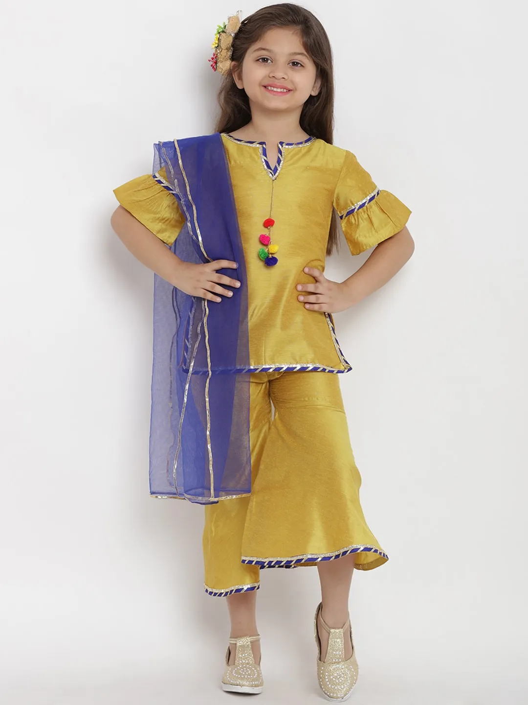 Girl's Mustard Embellished Top & Palazzo Set  - NOZ2TOZ KIDS