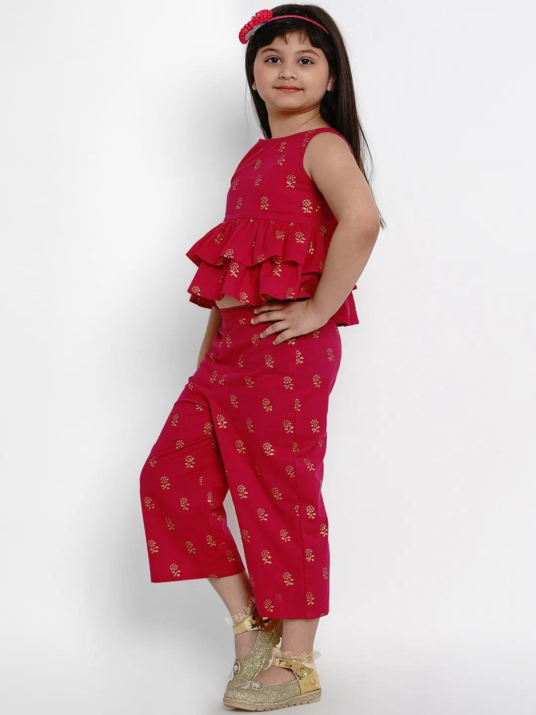 Girl's Red Printed Top & Palazzo Set  - NOZ2TOZ KIDS