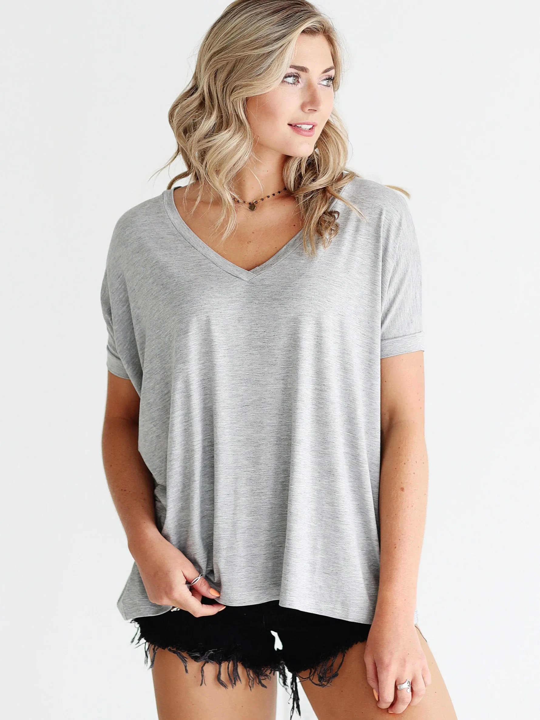 Heather Gray V-Neck Short Sleeve Top