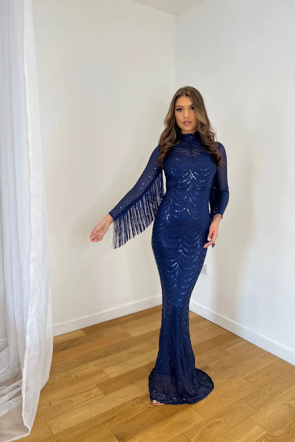 Hypnotic Navy Luxe VIP Tassel Fringe Sequin Embellished Illusion Long Sleeve Maxi Dress