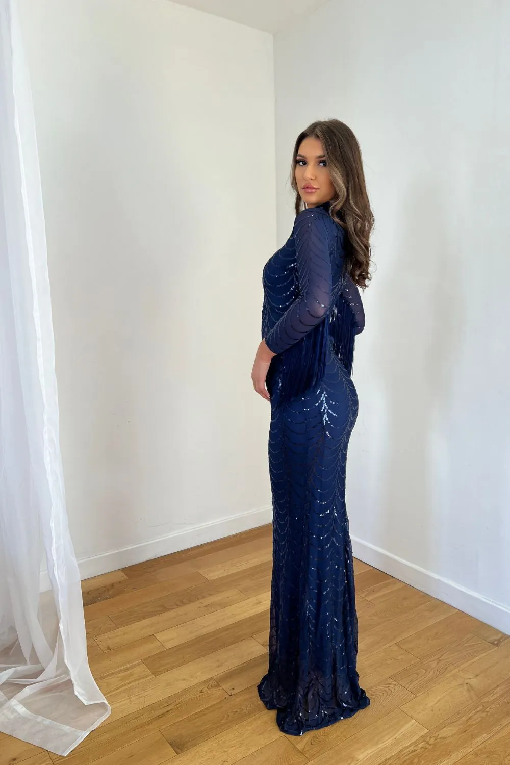 Hypnotic Navy Luxe VIP Tassel Fringe Sequin Embellished Illusion Long Sleeve Maxi Dress