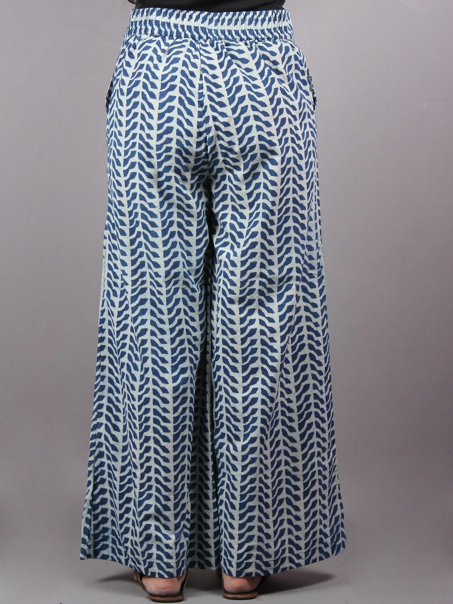 Indigo Hand Block Printed Elasticated Waist Pleated Cotton Palazzo - P1117060