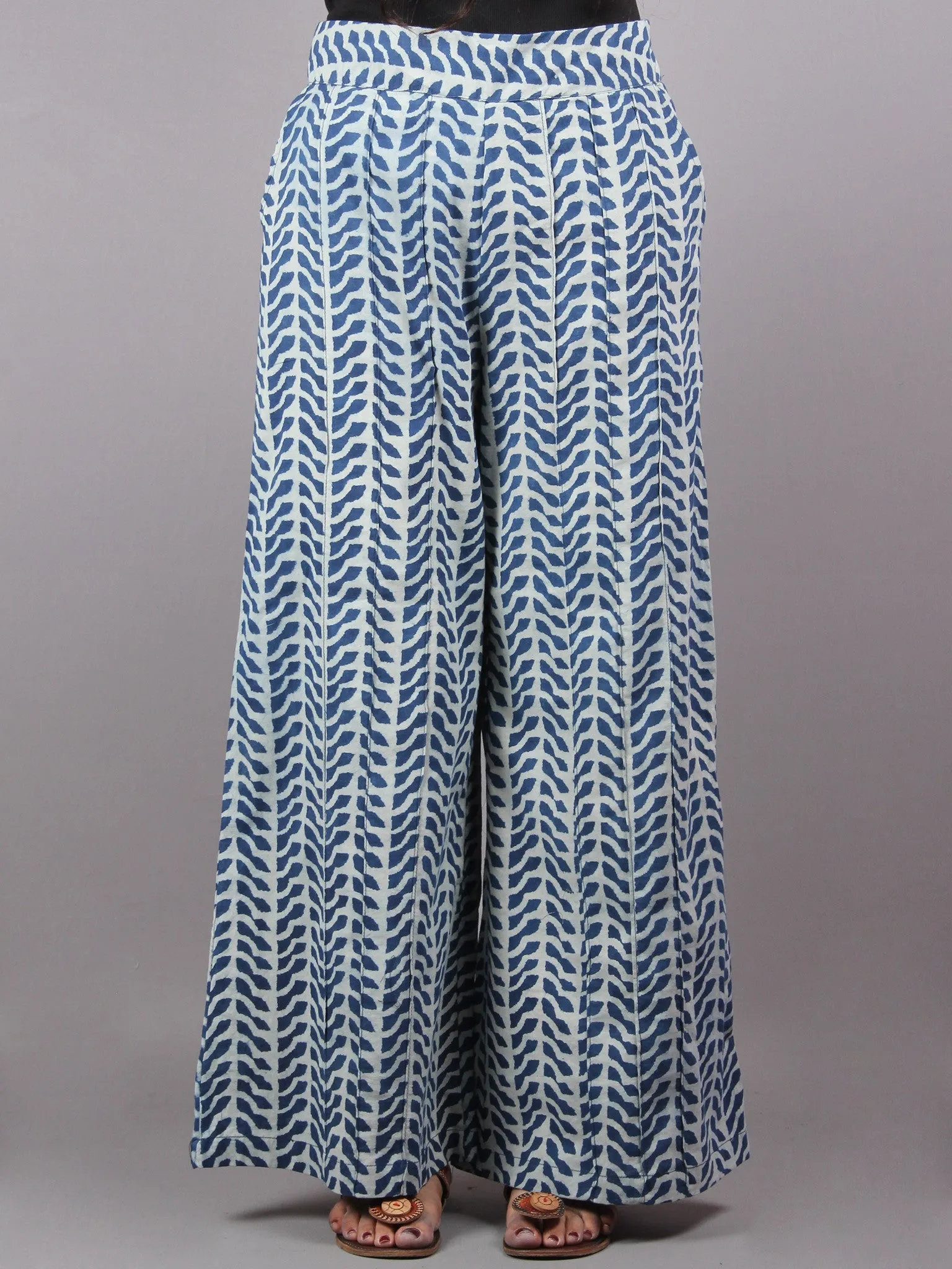 Indigo Hand Block Printed Elasticated Waist Pleated Cotton Palazzo - P1117060