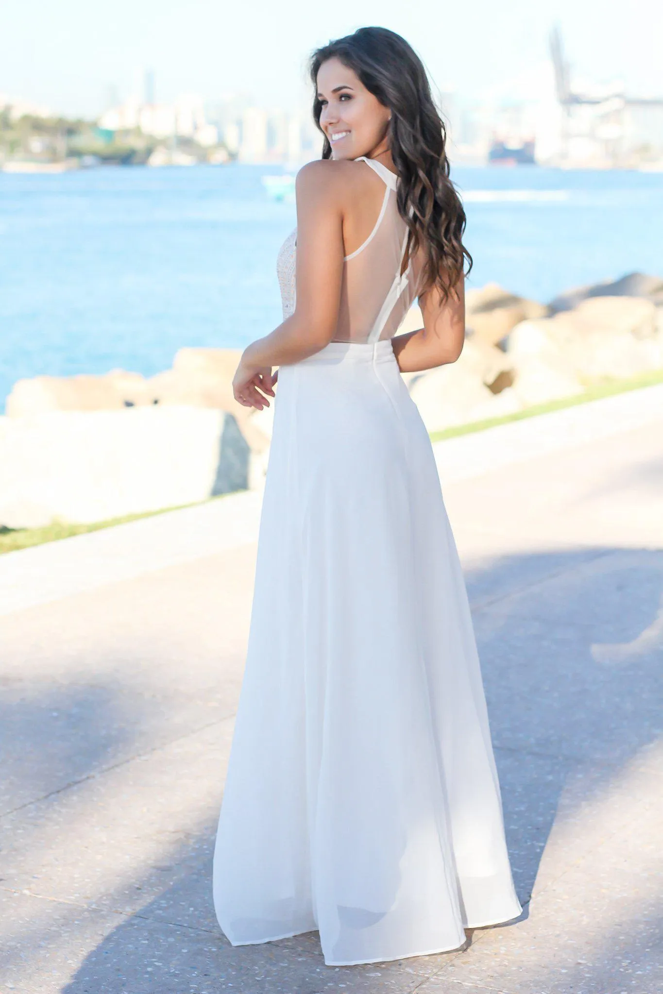 Ivory and Cream Maxi Dress with Tulle Back