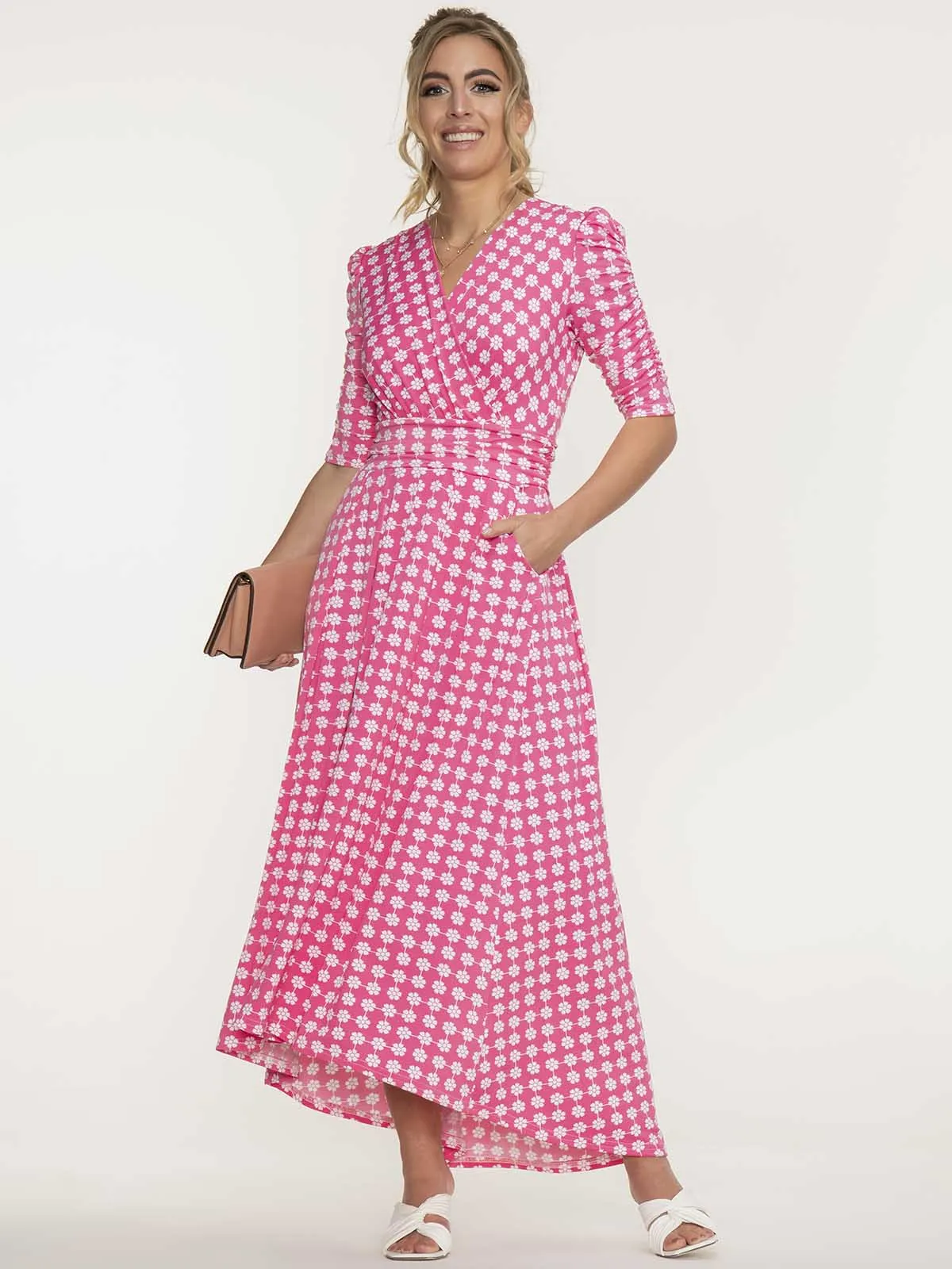 Jolie Moi Elenora Ruched Sleeve Maxi Dress, Pink Pattern