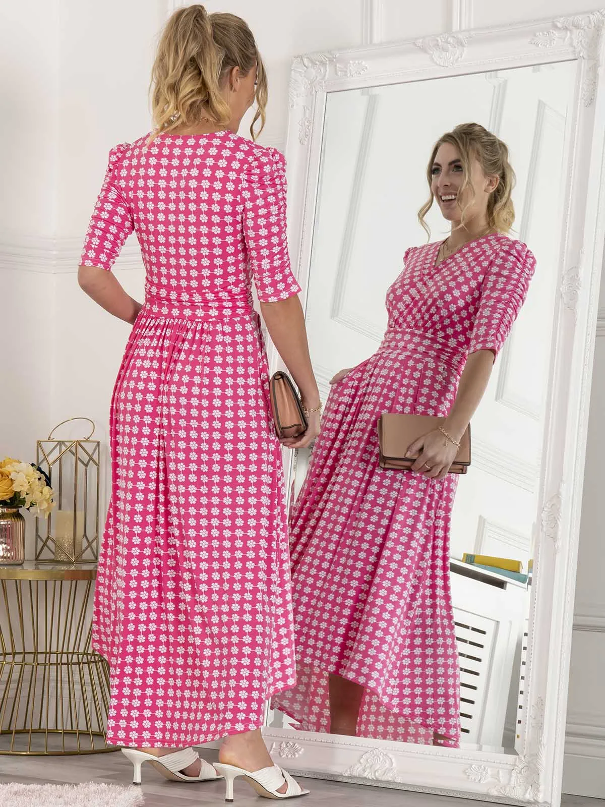 Jolie Moi Elenora Ruched Sleeve Maxi Dress, Pink Pattern