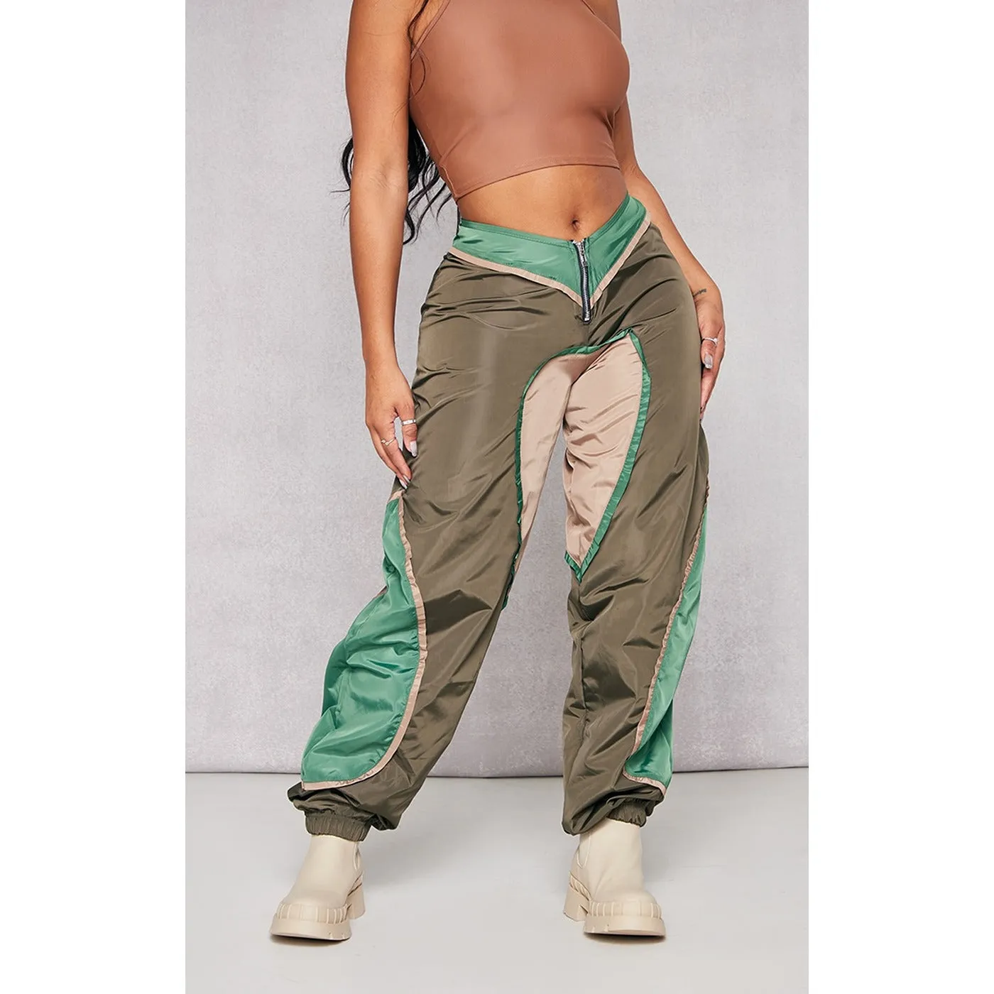 Khaki Contrast Panel V Front Joggers