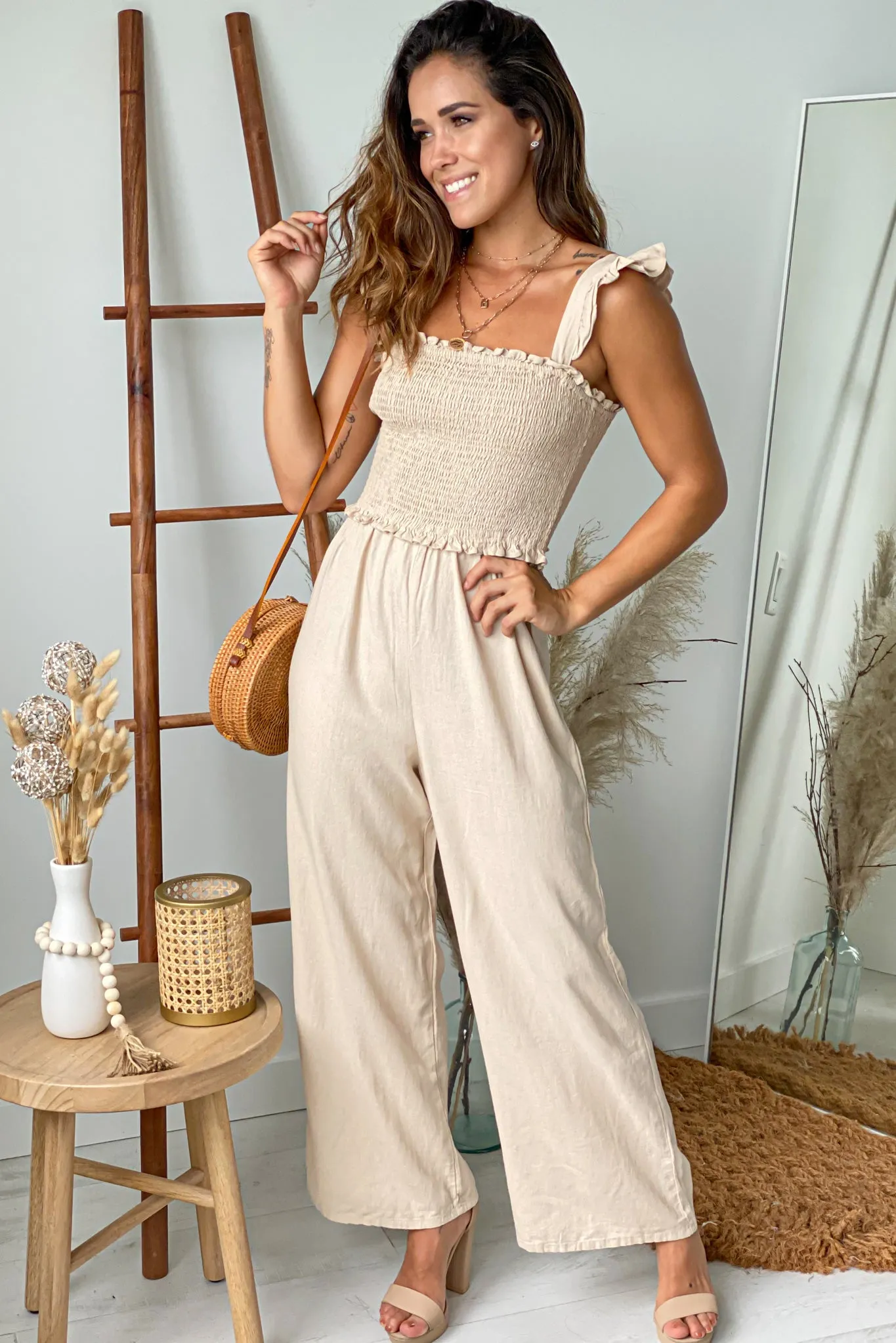 Khaki Smocked Top Jumpsuit