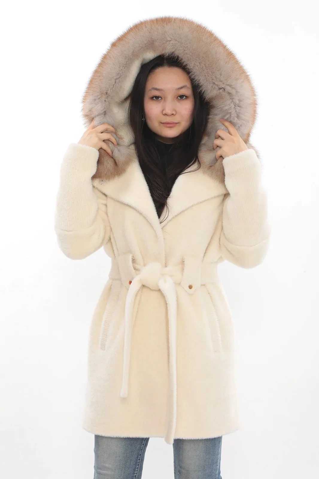 Kolleen Boutique Off-White Llama Wool Jacket with Faux Fox Fur