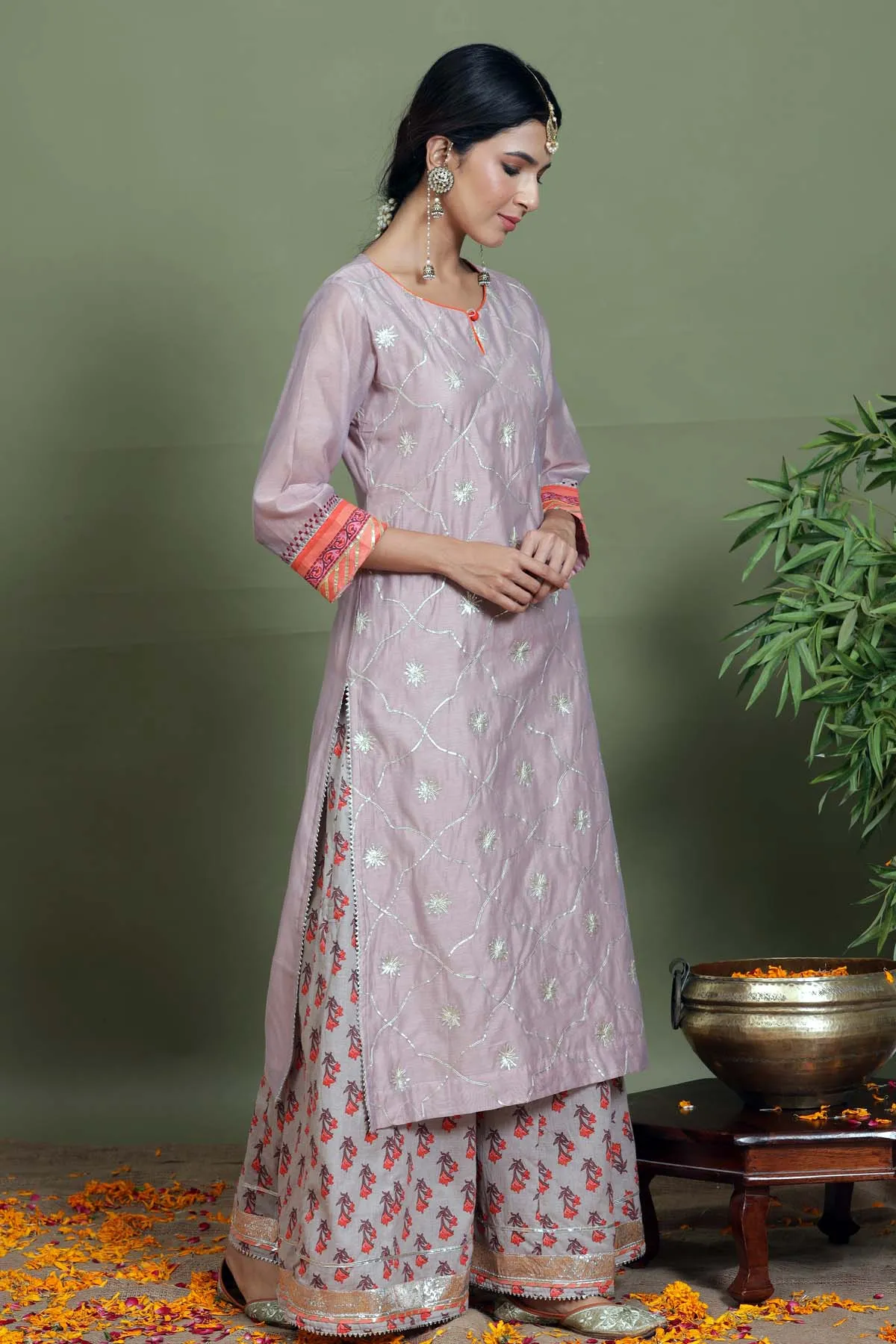 Kurta/Palazzo set in Mauve color Chanderi with gota patti work