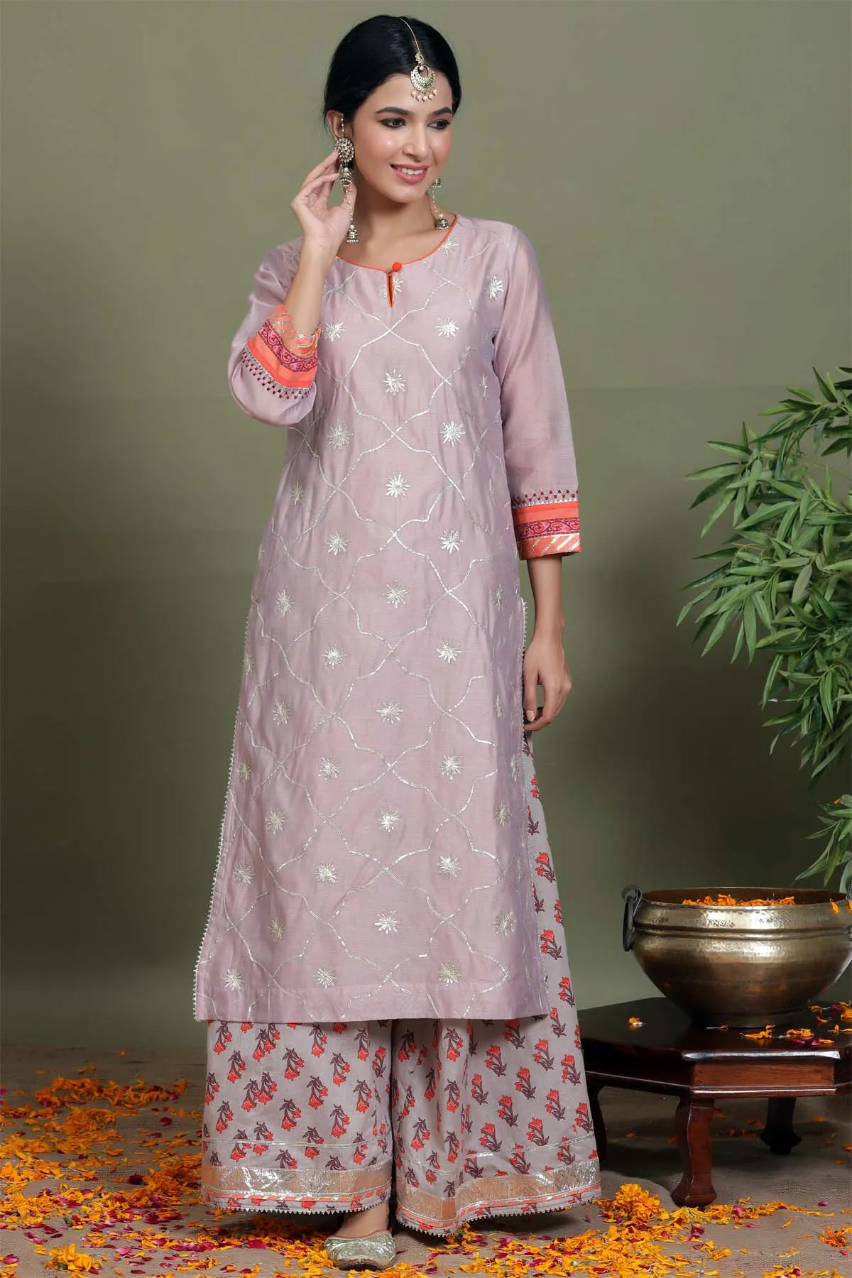 Kurta/Palazzo set in Mauve color Chanderi with gota patti work