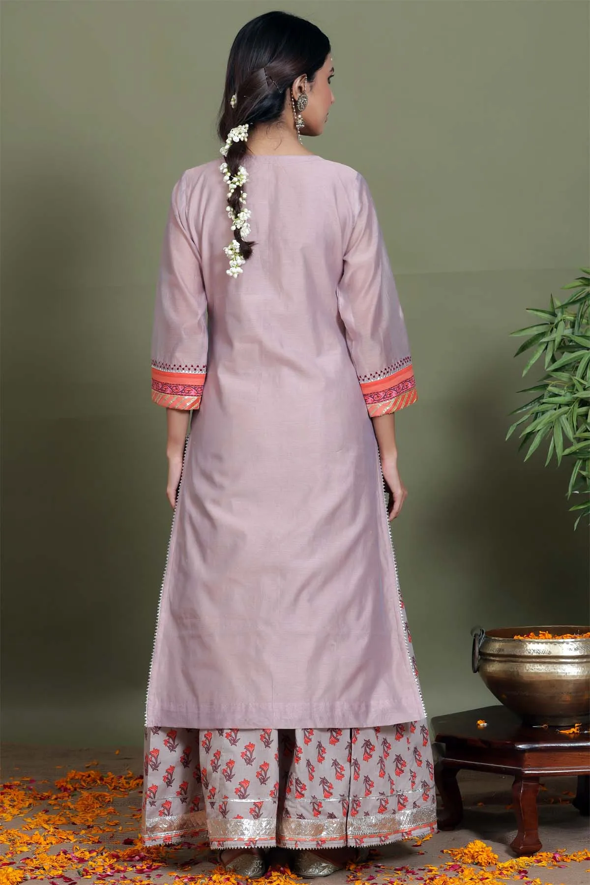 Kurta/Palazzo set in Mauve color Chanderi with gota patti work