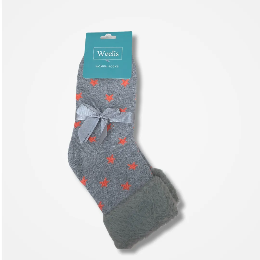 Light Grey/Orange Star Wool Blend Sock with Faux Fur Cuff