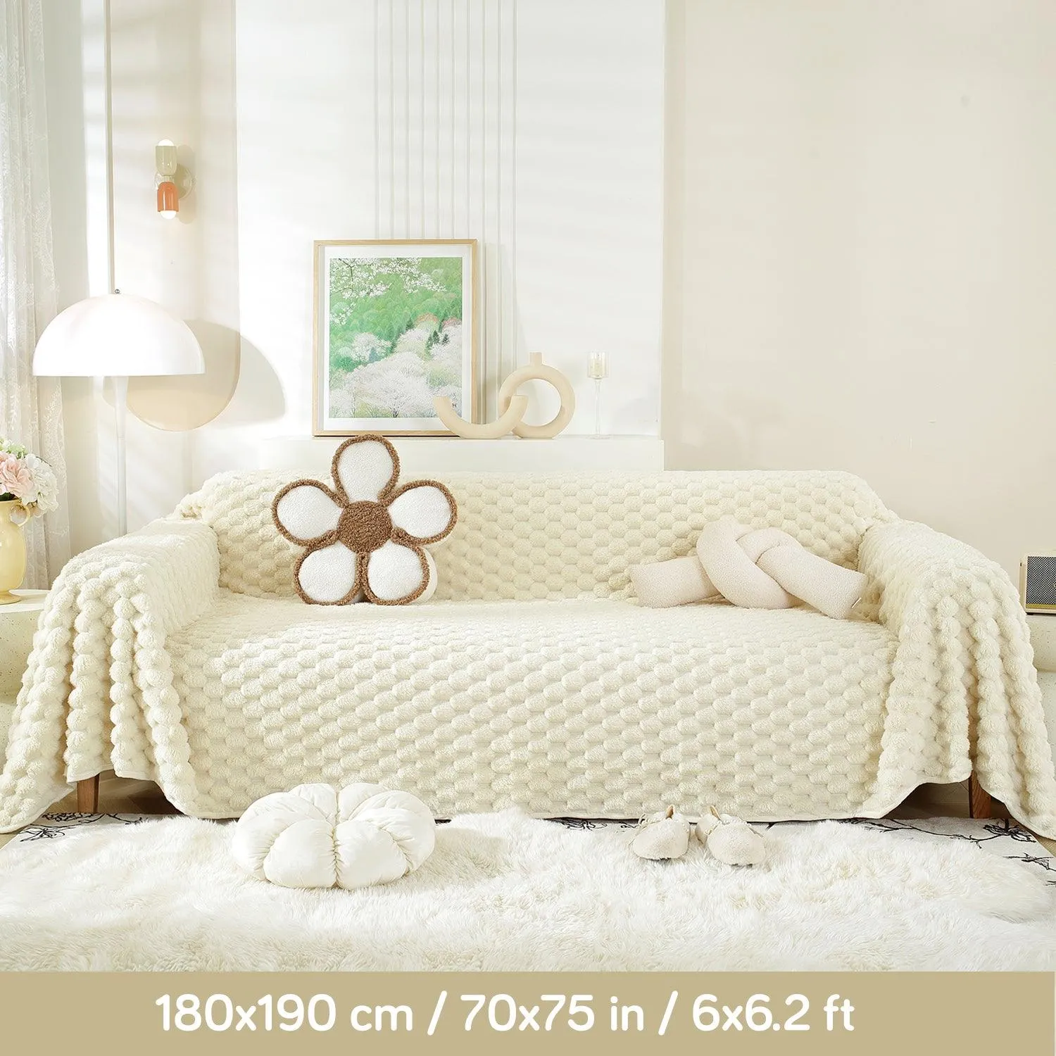 Luxury Rabbit Wool Plush Sofa Throw, Cream