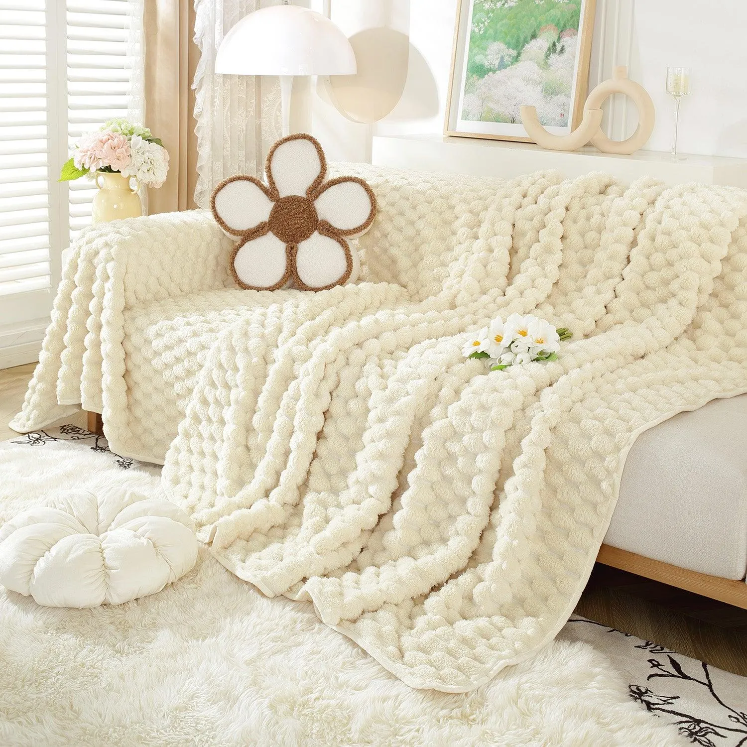 Luxury Rabbit Wool Plush Sofa Throw, Cream