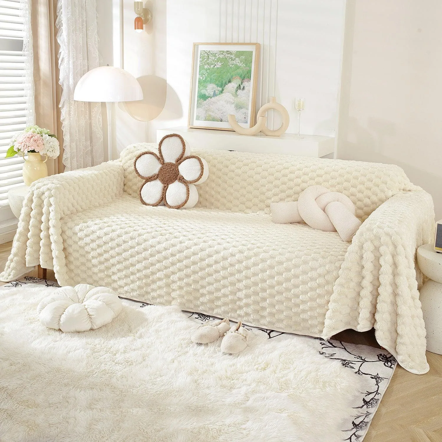 Luxury Rabbit Wool Plush Sofa Throw, Cream