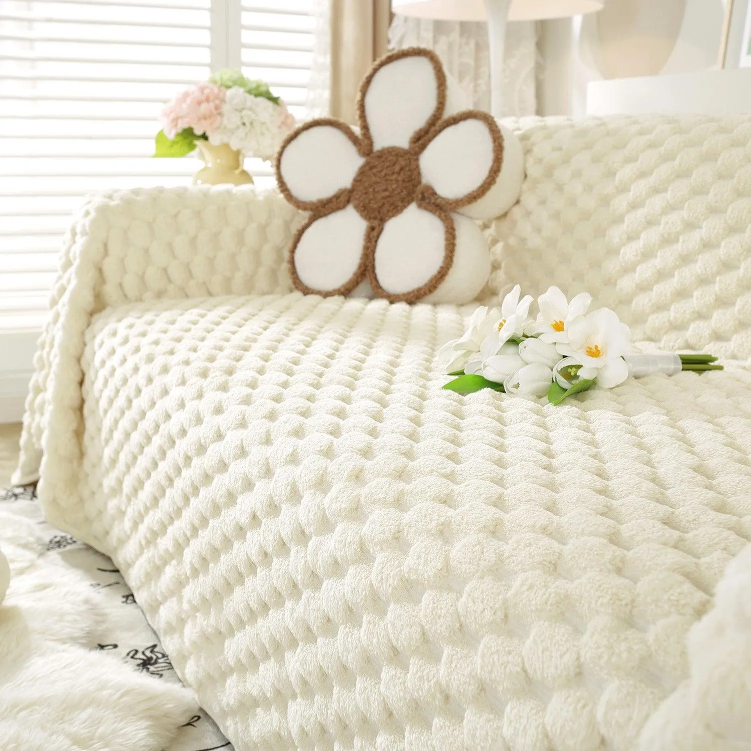 Luxury Rabbit Wool Plush Sofa Throw, Cream