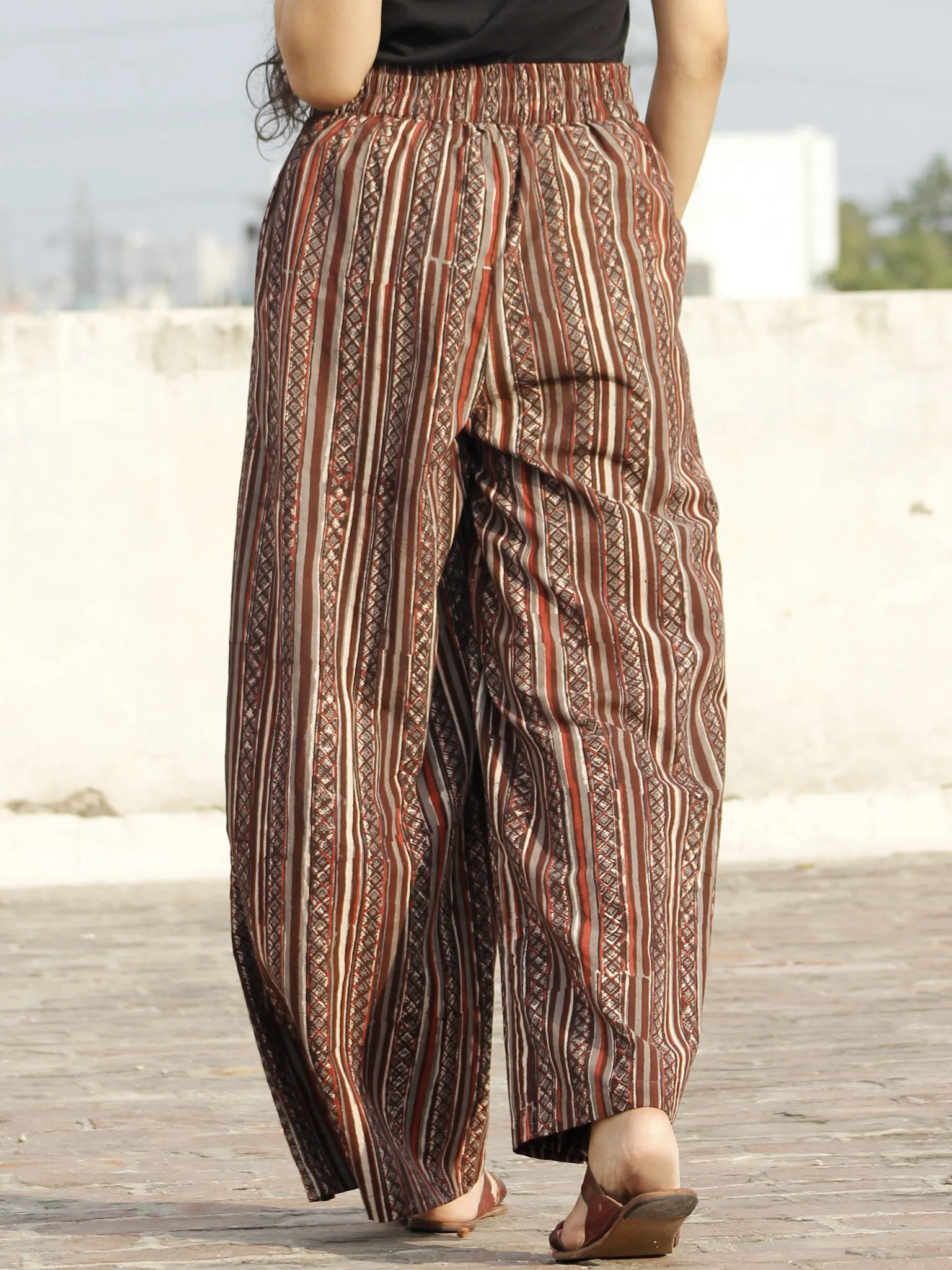 Maroon Grey Hand Block Printed Semi Elasticated Waist Pleated Cotton Palazzo - P11F553