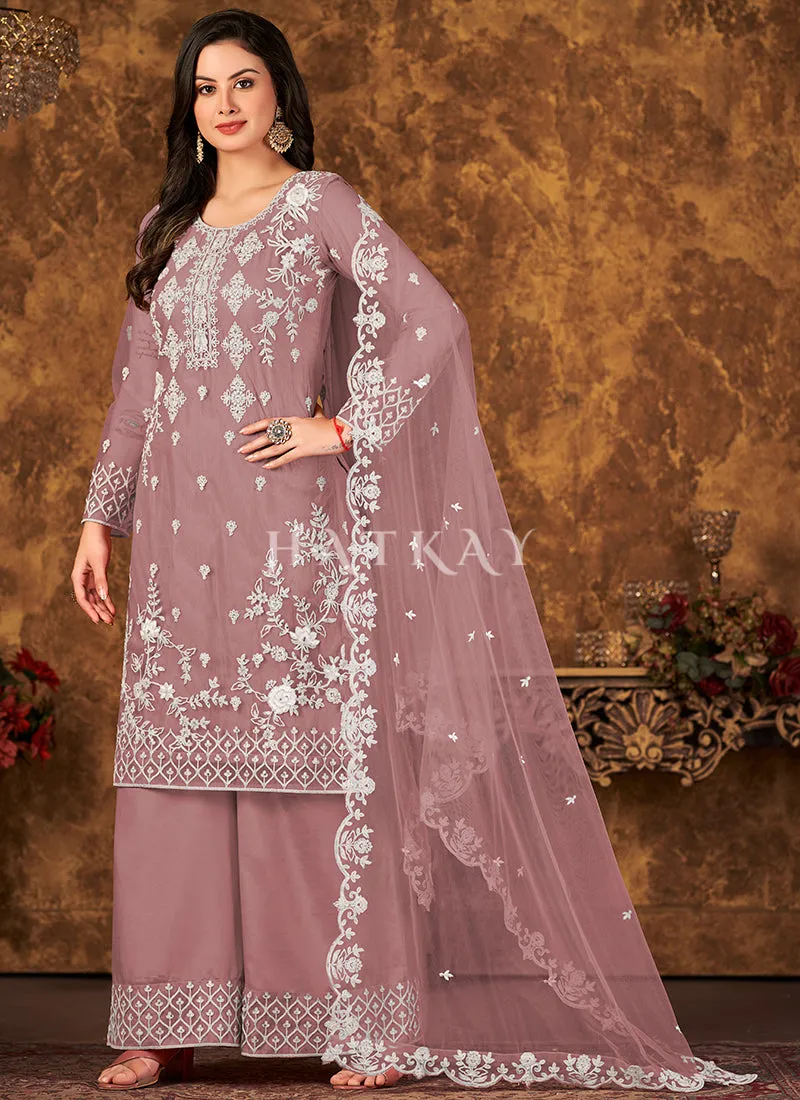 Mauve Embroidered Pakistani Palazzo Suit