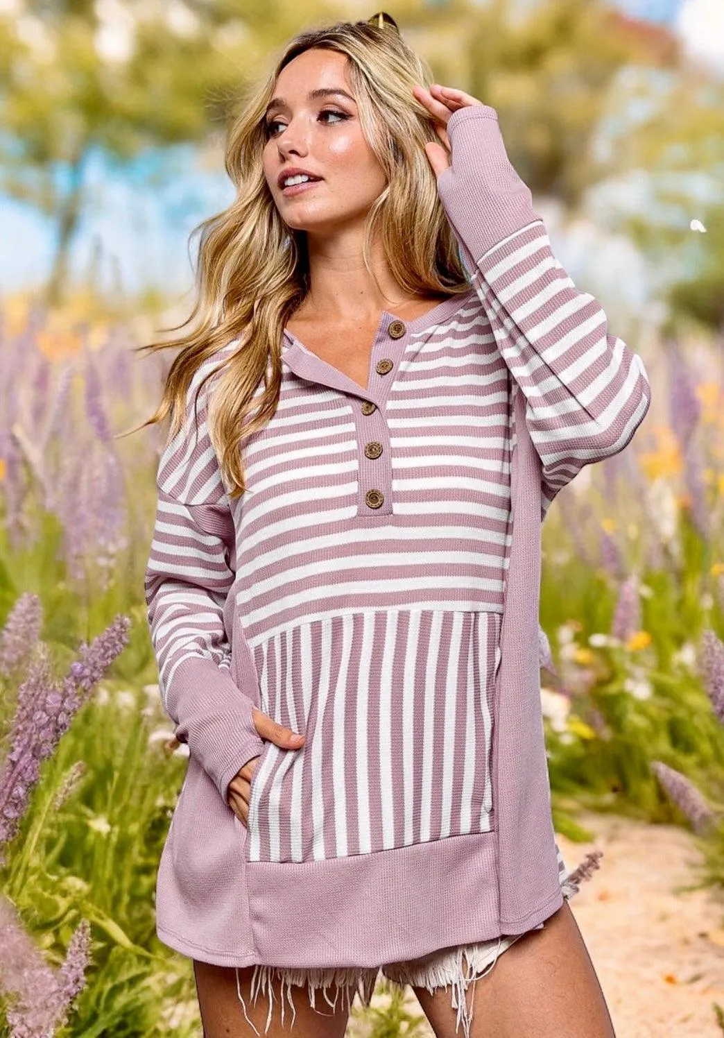 Mauve Striped Thumbhole Long Sleeve Top