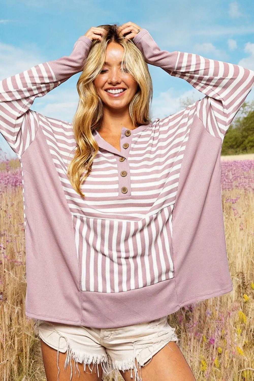 Mauve Striped Thumbhole Long Sleeve Top