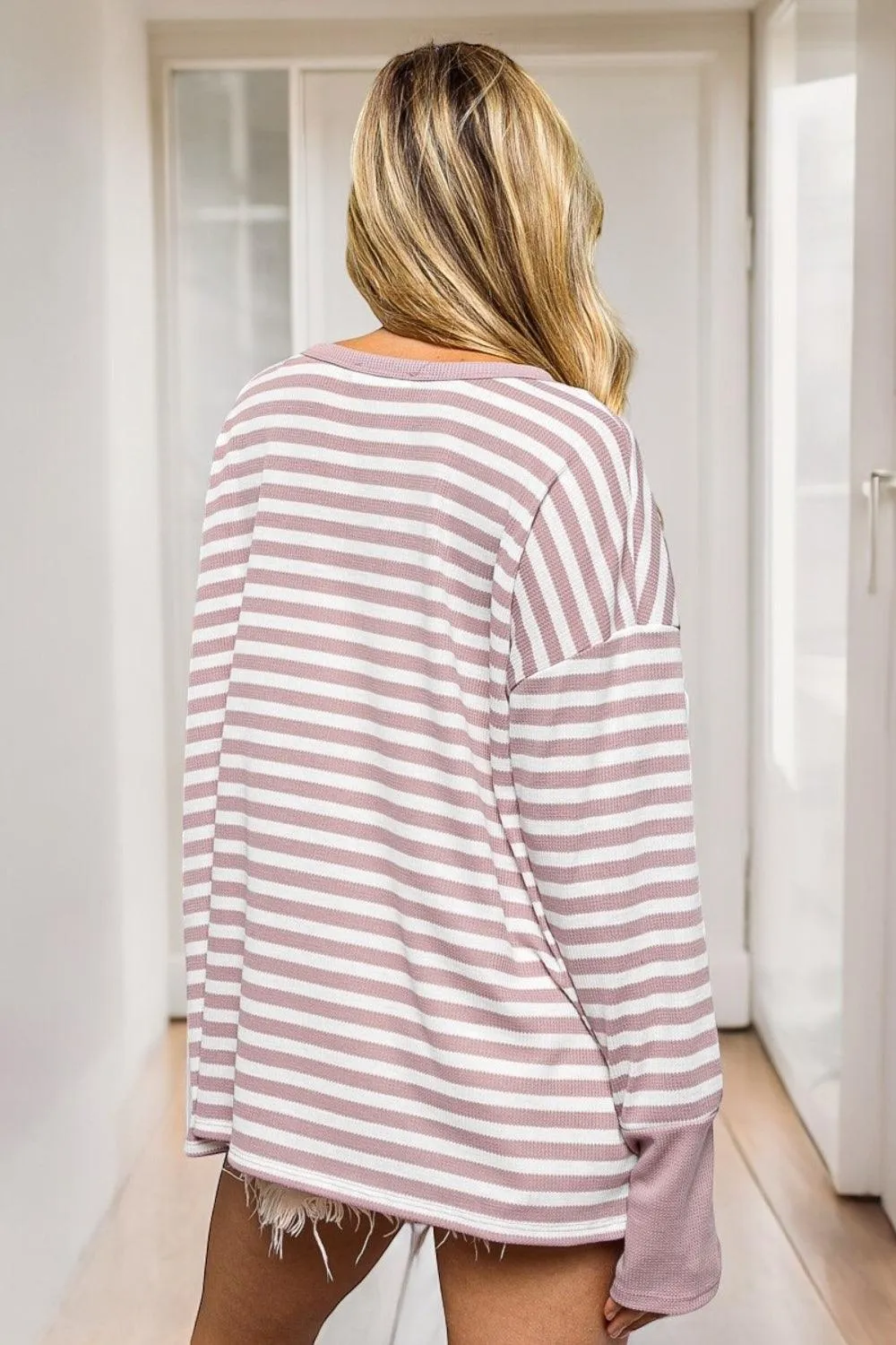 Mauve Striped Thumbhole Long Sleeve Top