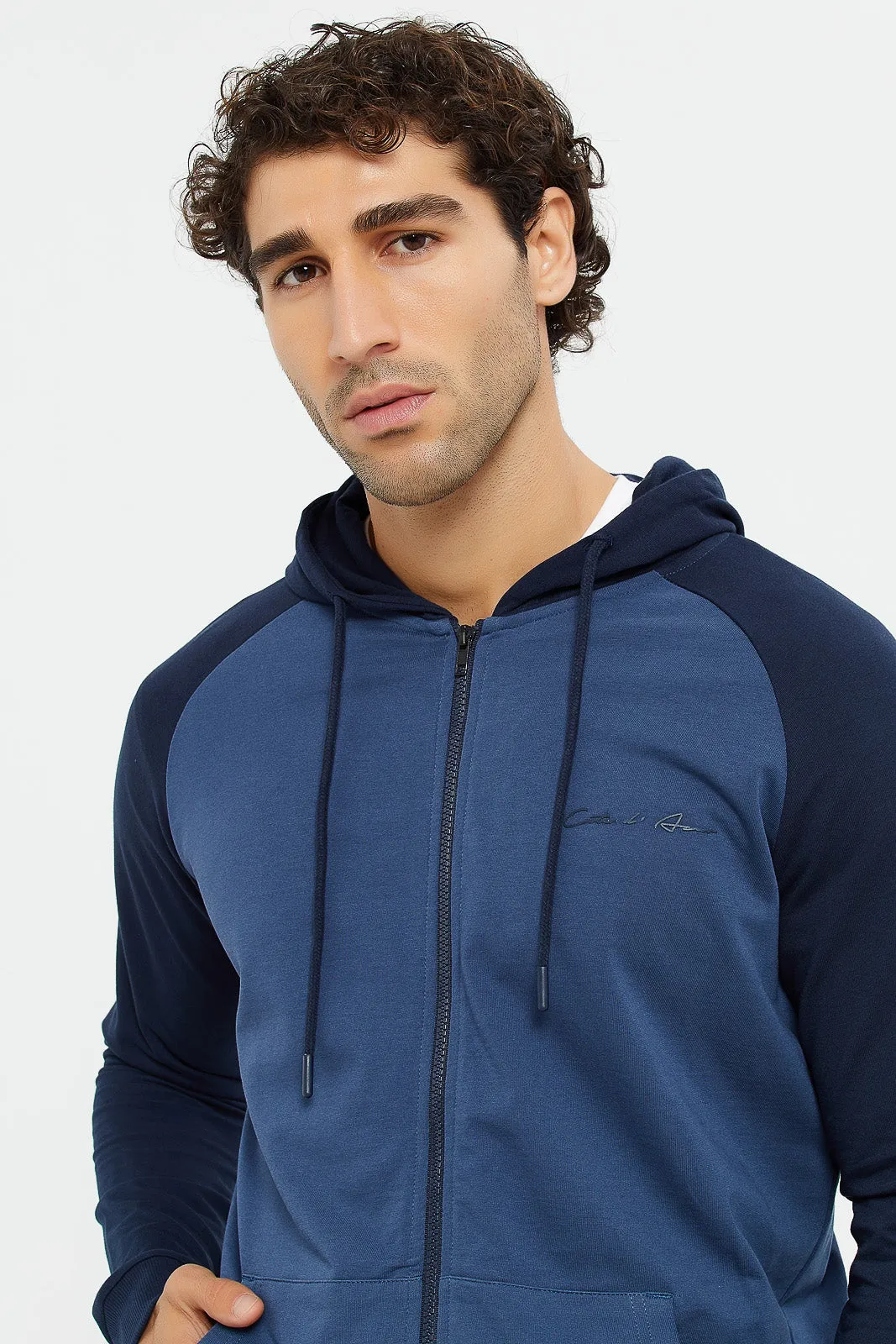 Men Blue And Navy Raglan Hooded Sweatshirt