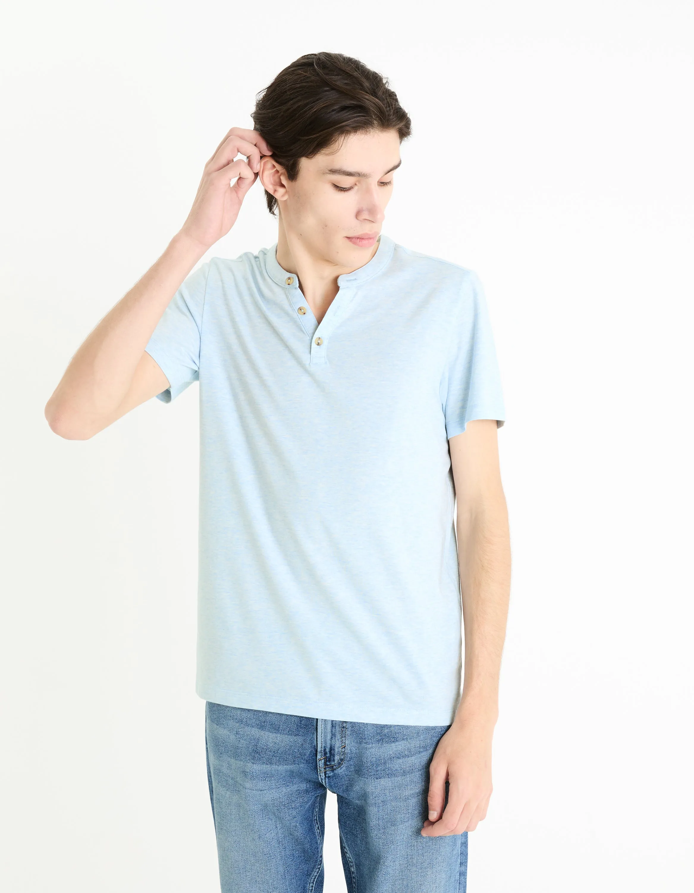 Men - Knitted - T-Shirt - Short sleeves - Henley collar