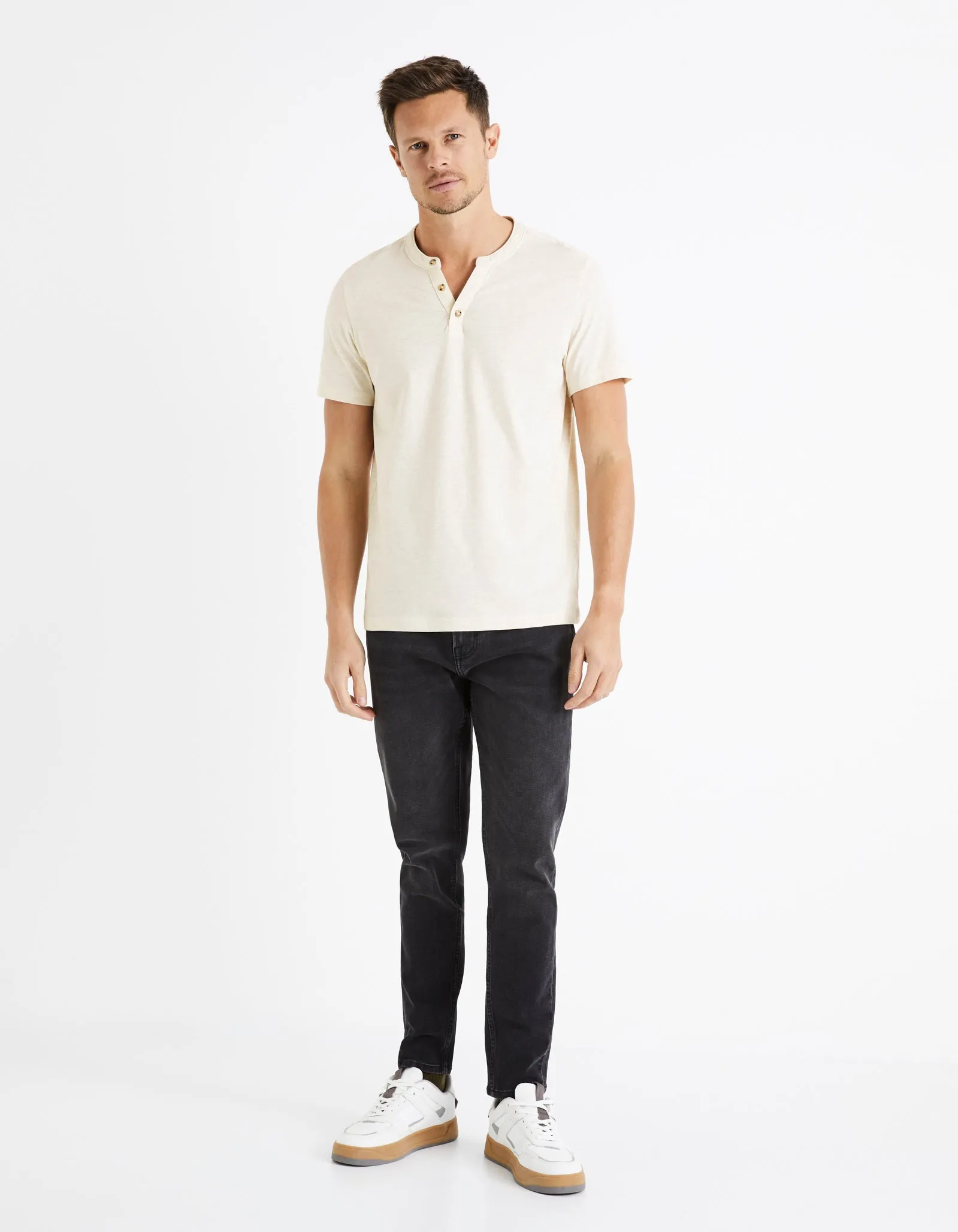 Men - Knitted - T-Shirt - Short sleeves - Henley collar