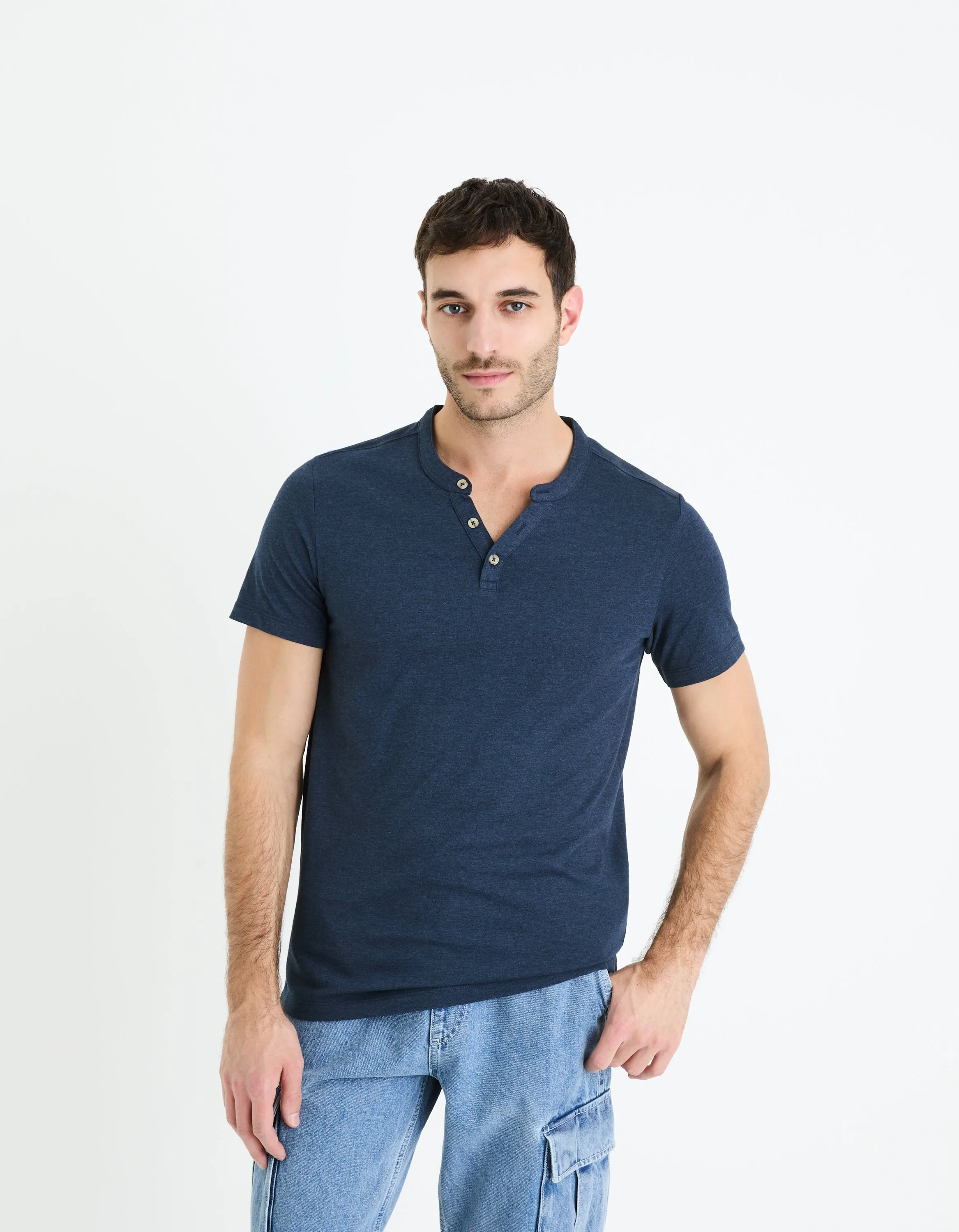 Men - Knitted - T-Shirt - Short sleeves - Henley collar