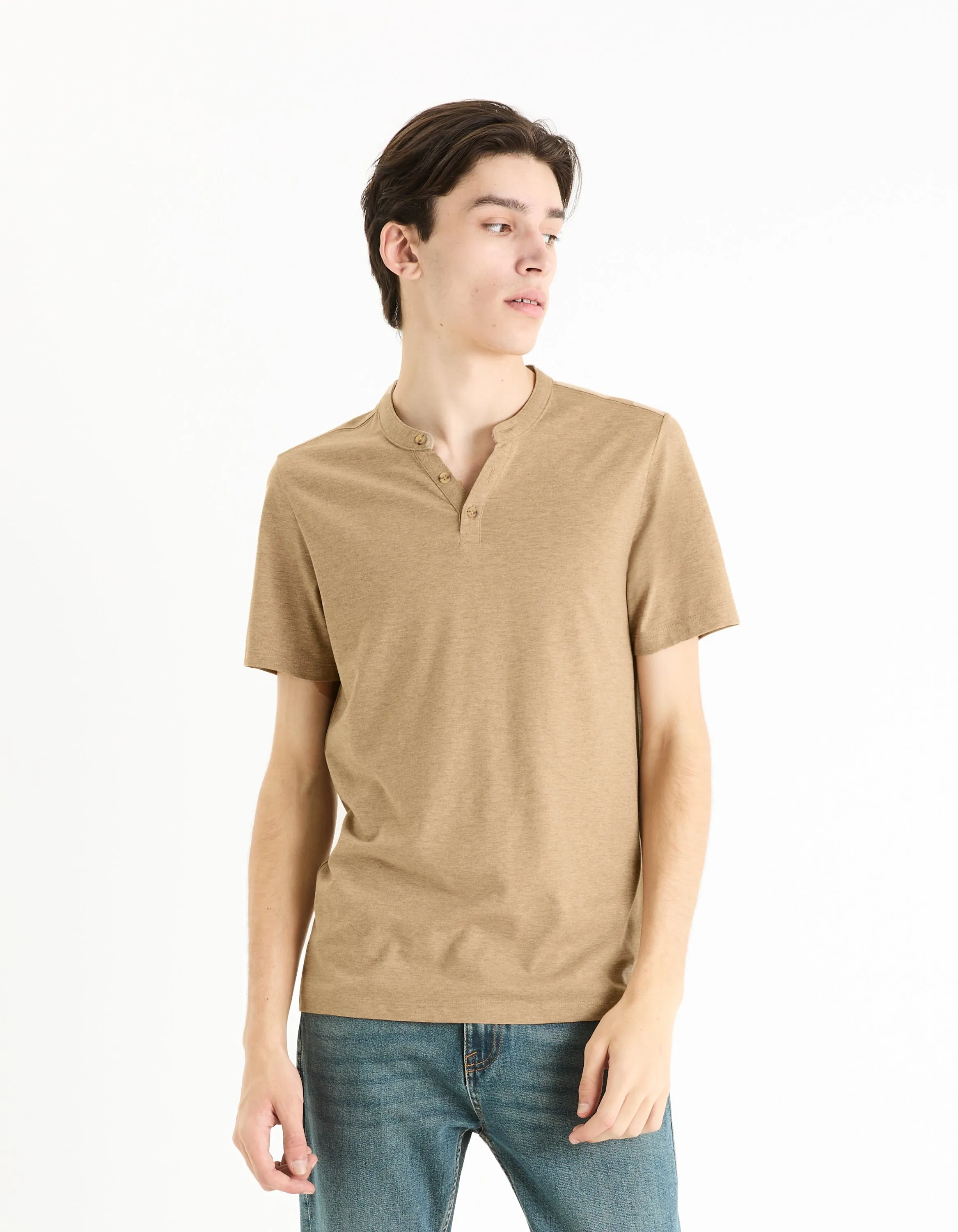 Men - Knitted - T-Shirt - Short sleeves - Henley collar