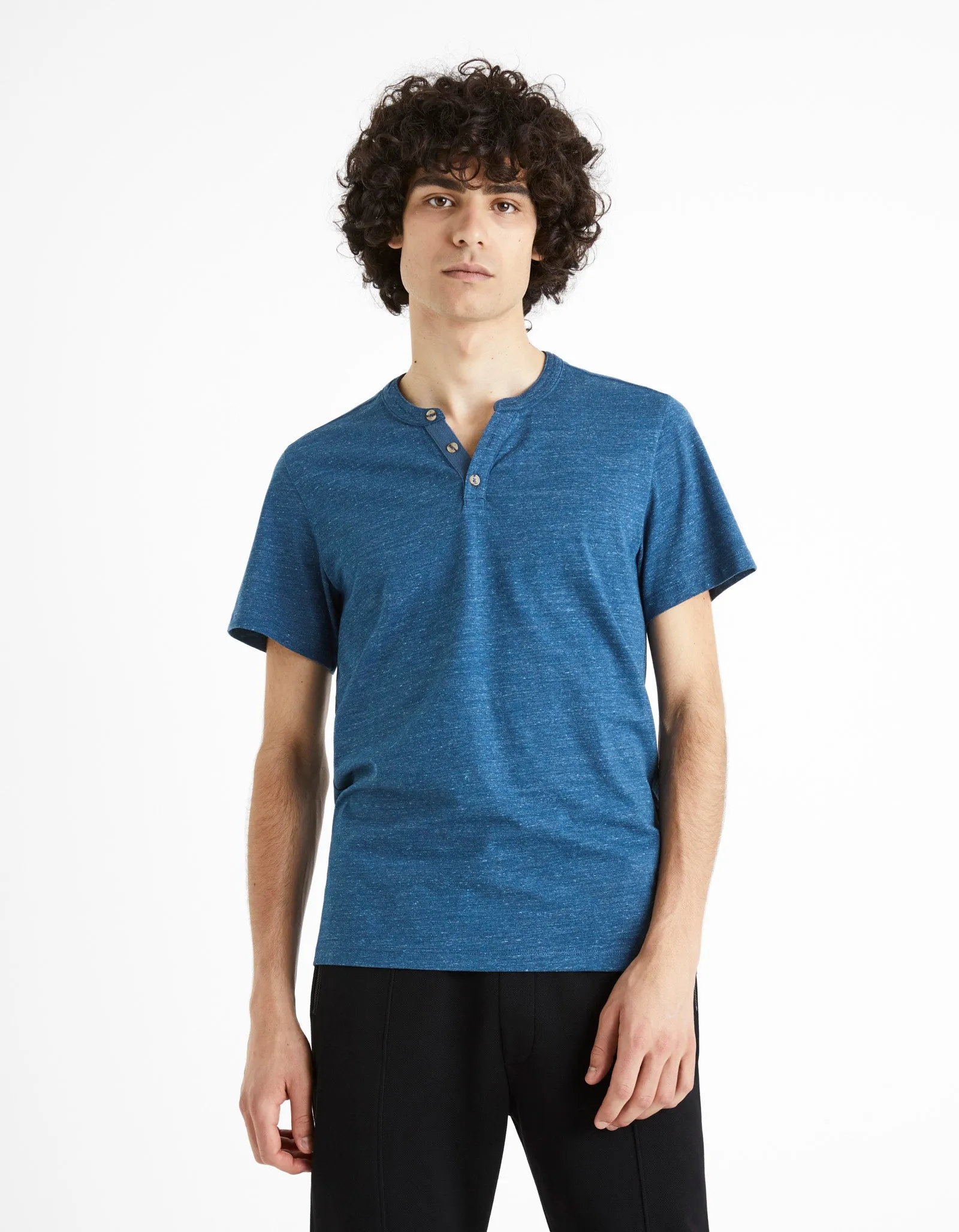 Men - Knitted - T-Shirt - Short sleeves - Henley collar