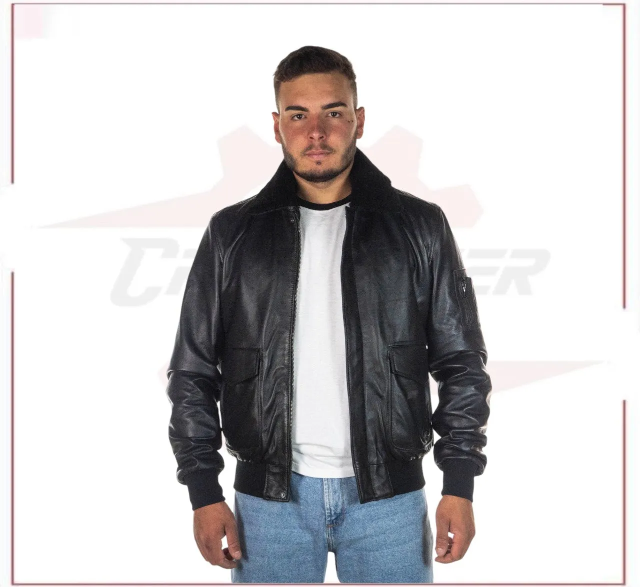 Men's Bomber Jacket in Genuine Black Leather with Real Black Shearling Collar