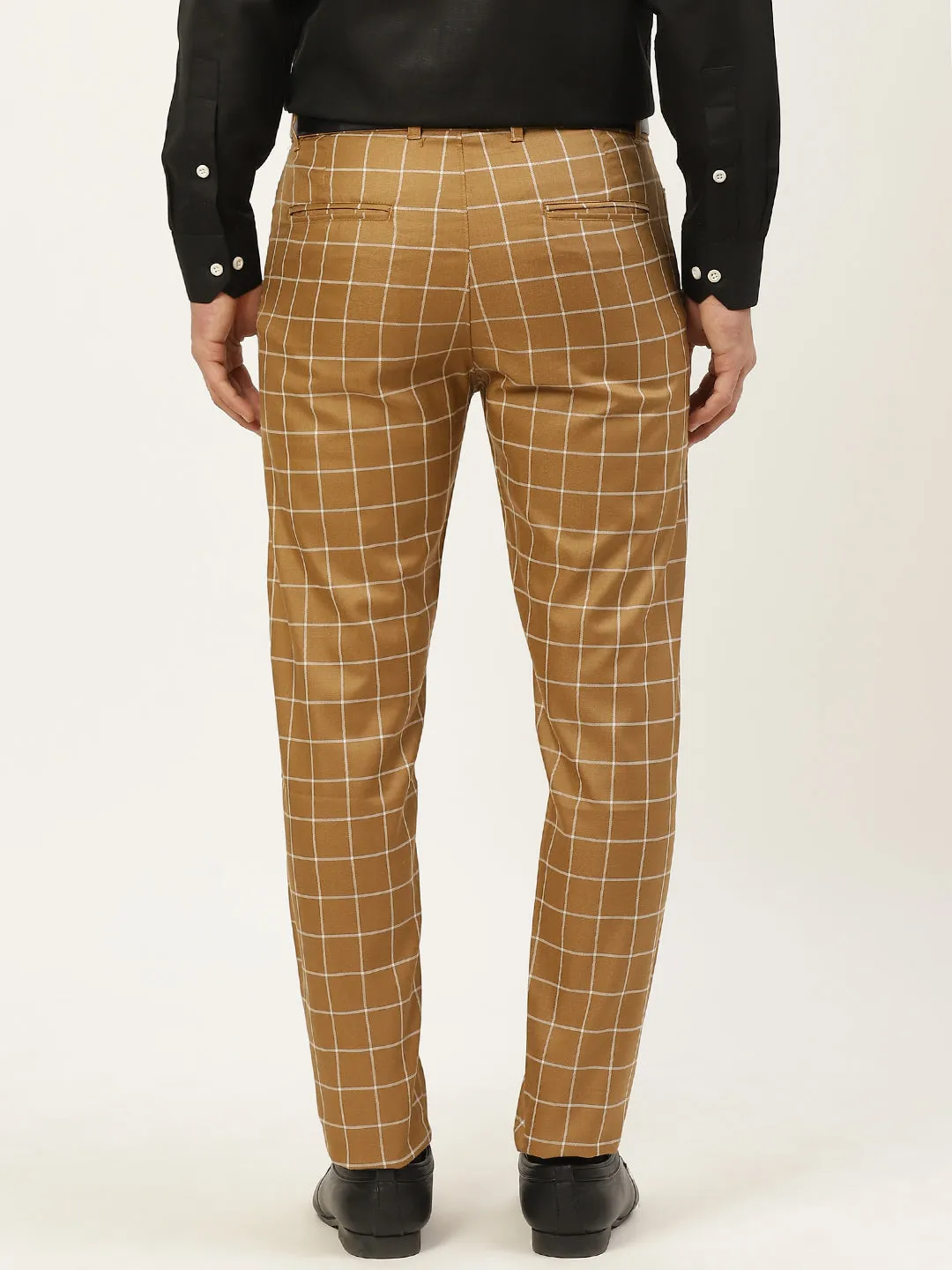 Men's Cotton Blend Khaki & Offwhite Checked Formal Trousers - Sojanya