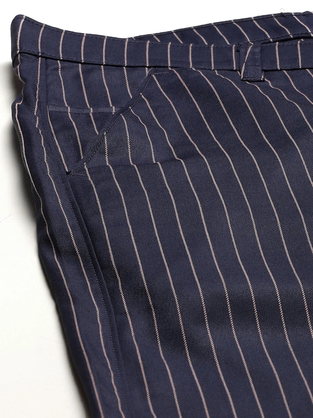 Men's Cotton Blend Navyblue & Offwhite Striped Formal Trousers - Sojanya