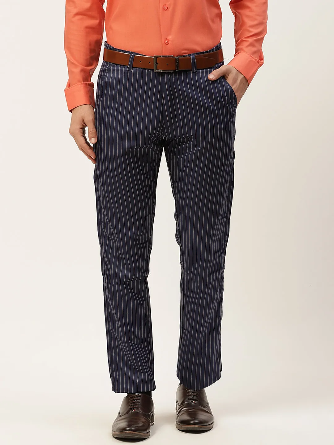 Men's Cotton Blend Navyblue & Offwhite Striped Formal Trousers - Sojanya