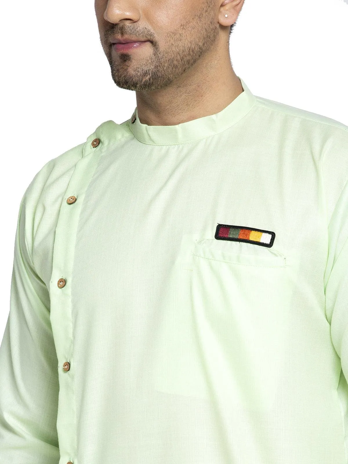 Men's Cotton Green Asymmetric Solid Kurta With White Trousers - Benstoke