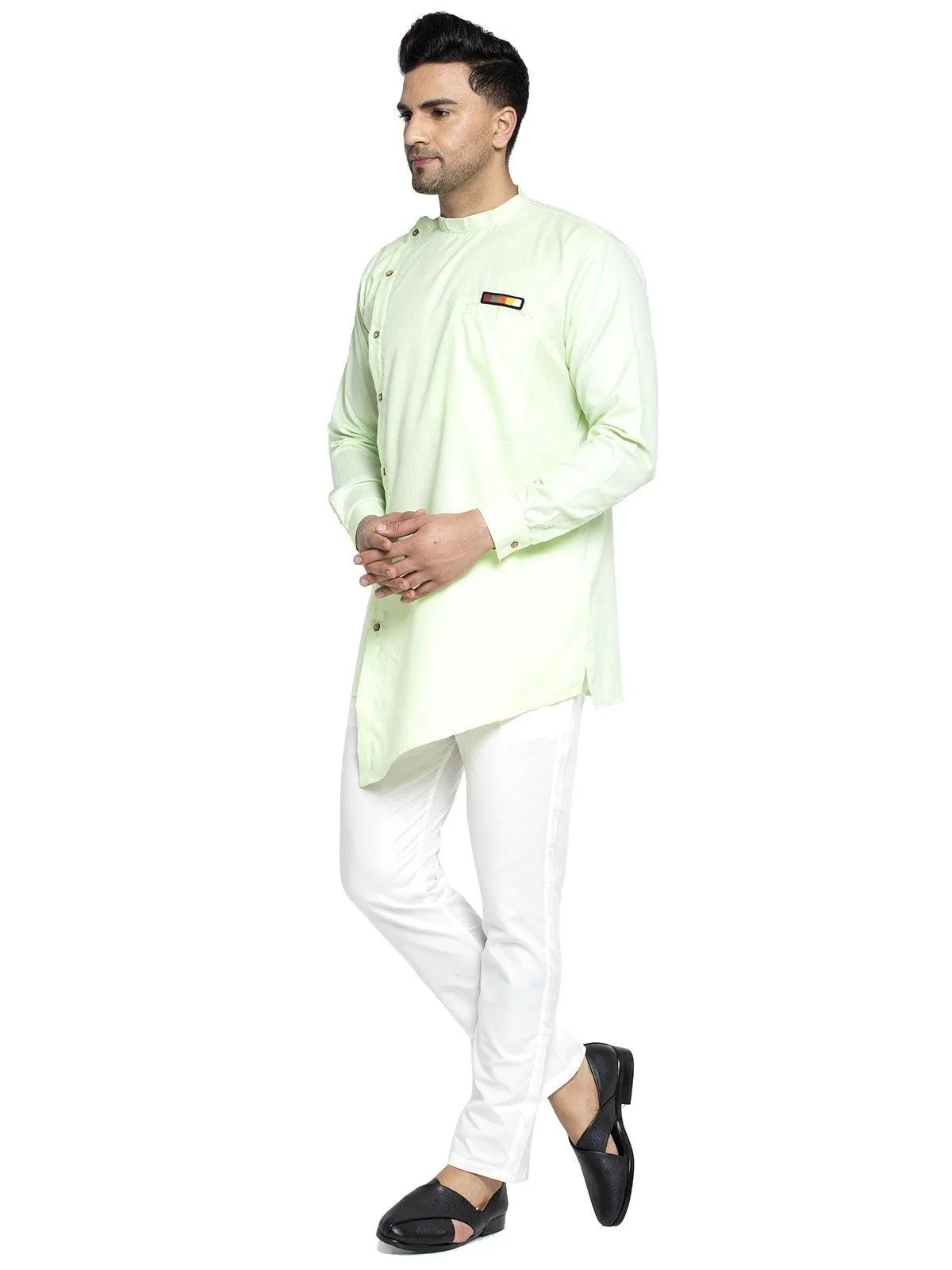 Men's Cotton Green Asymmetric Solid Kurta With White Trousers - Benstoke