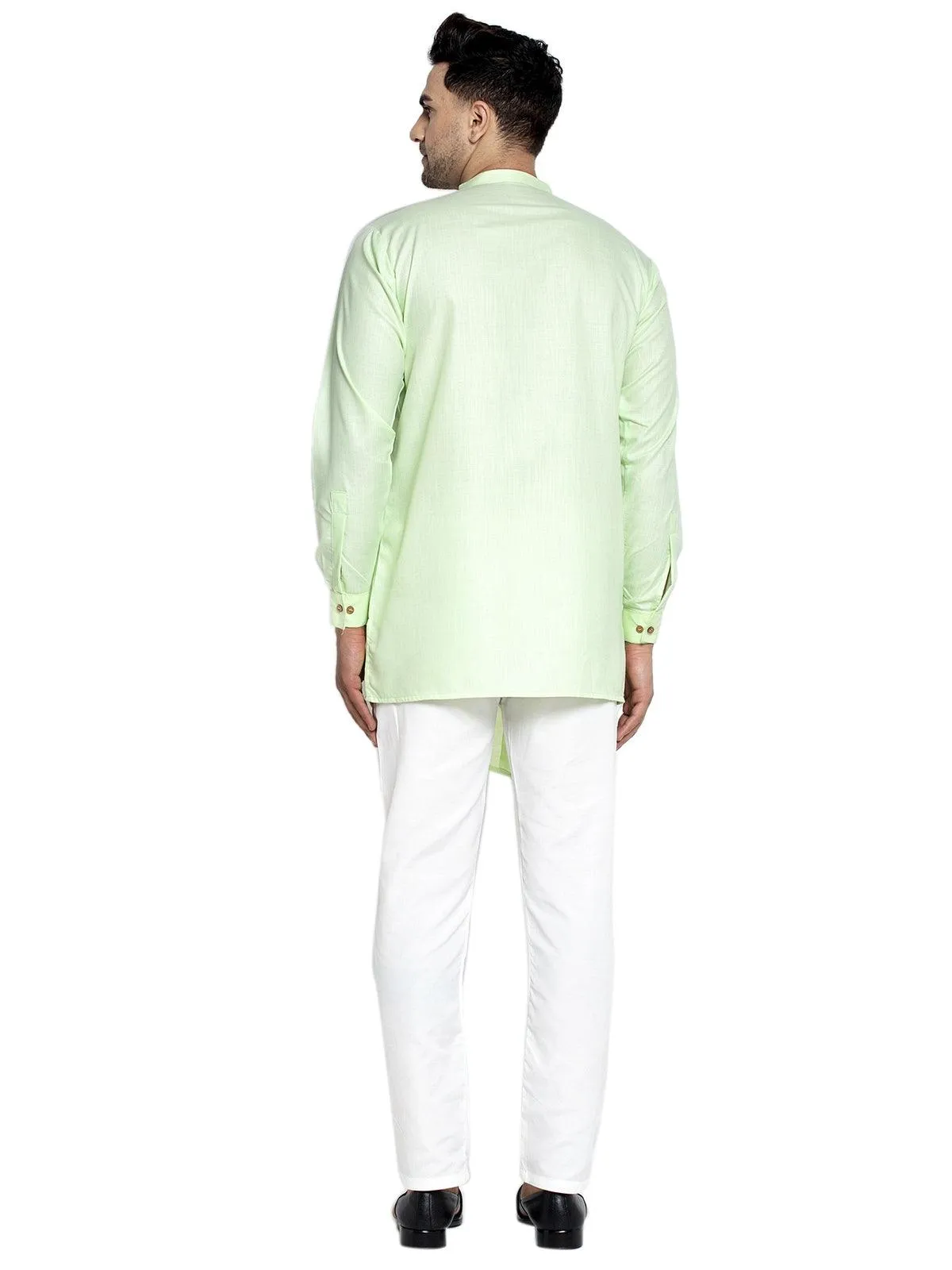 Men's Cotton Green Asymmetric Solid Kurta With White Trousers - Benstoke