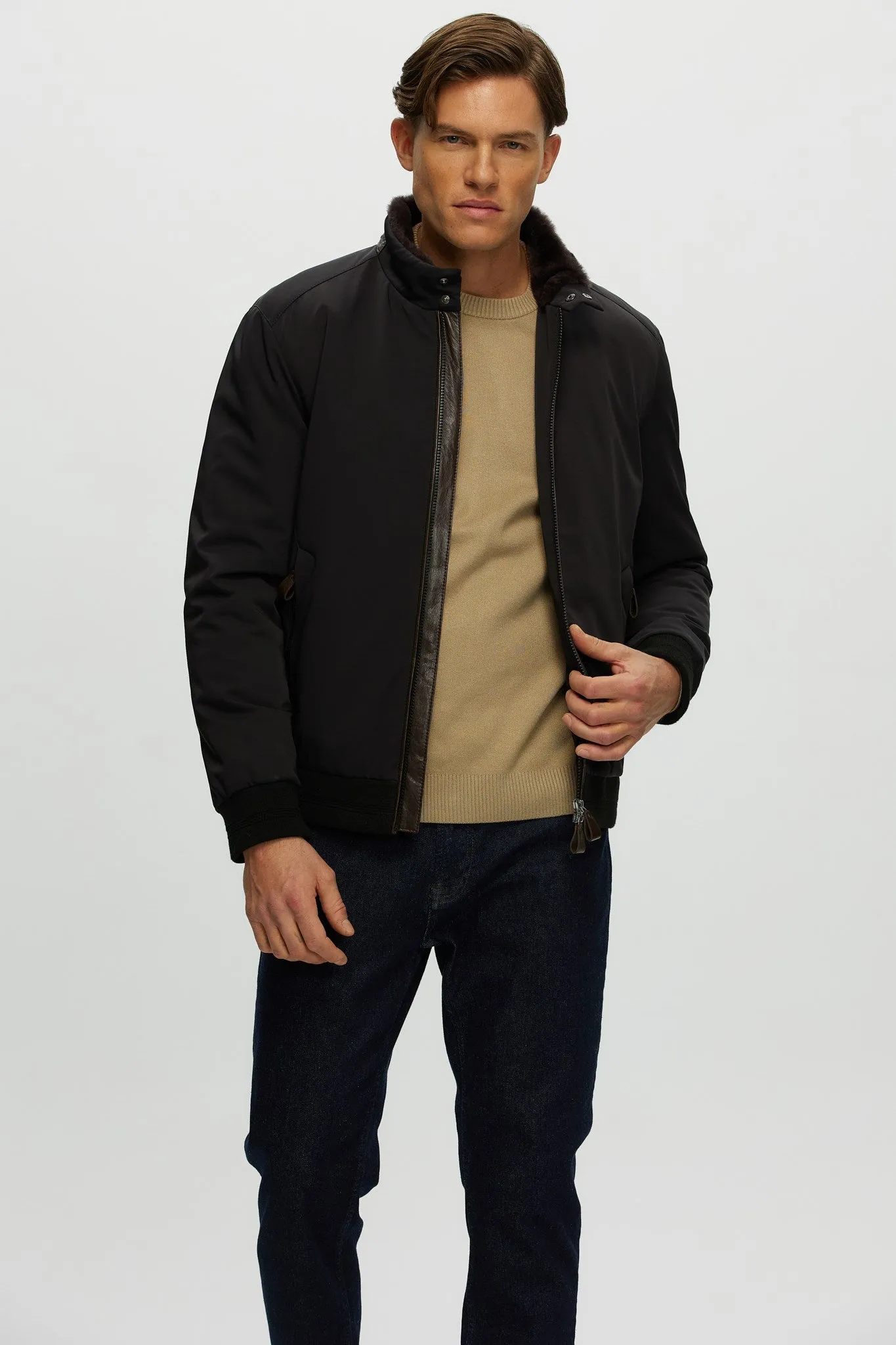 Men's Fabric Jacket with Shearling Lamb