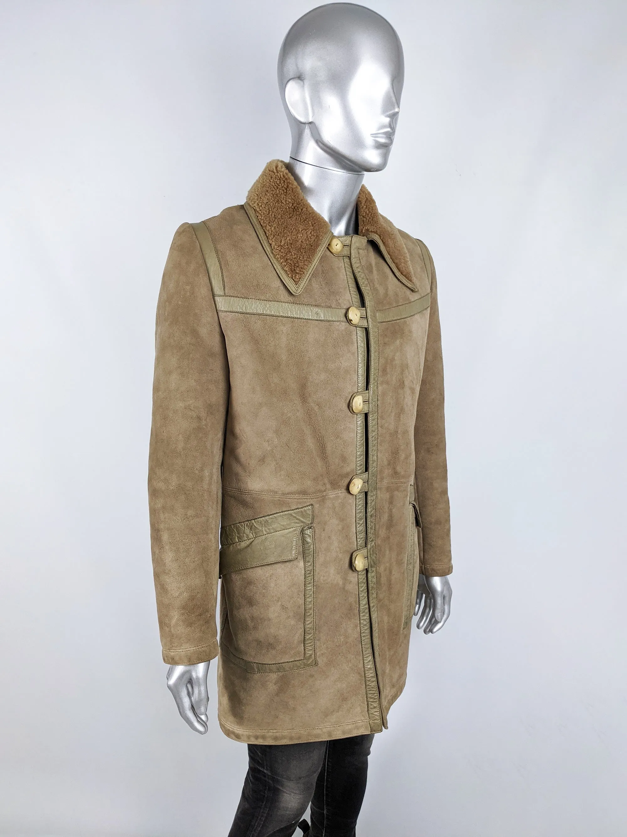 Mens Vintage Leather Trim Sheepskin & Shearling Coat, 1970s