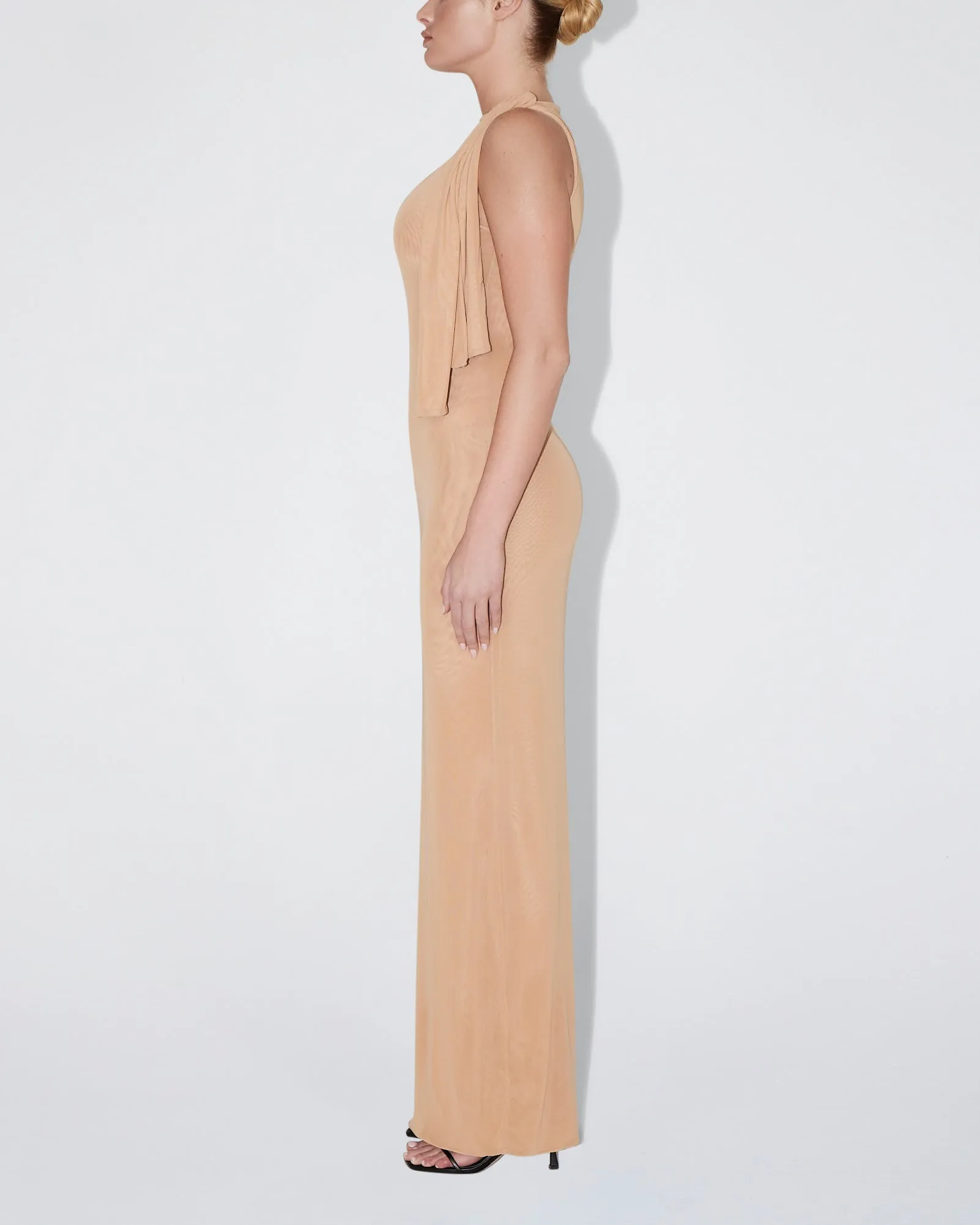 Mesh Stretch Knotted Maxi Dress | Nude