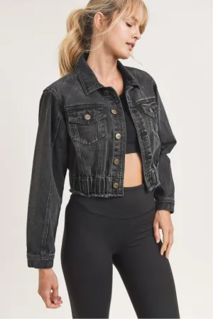 Mono B Cropped Denim Jacket with Tapered Sleeves and Shirred Hem