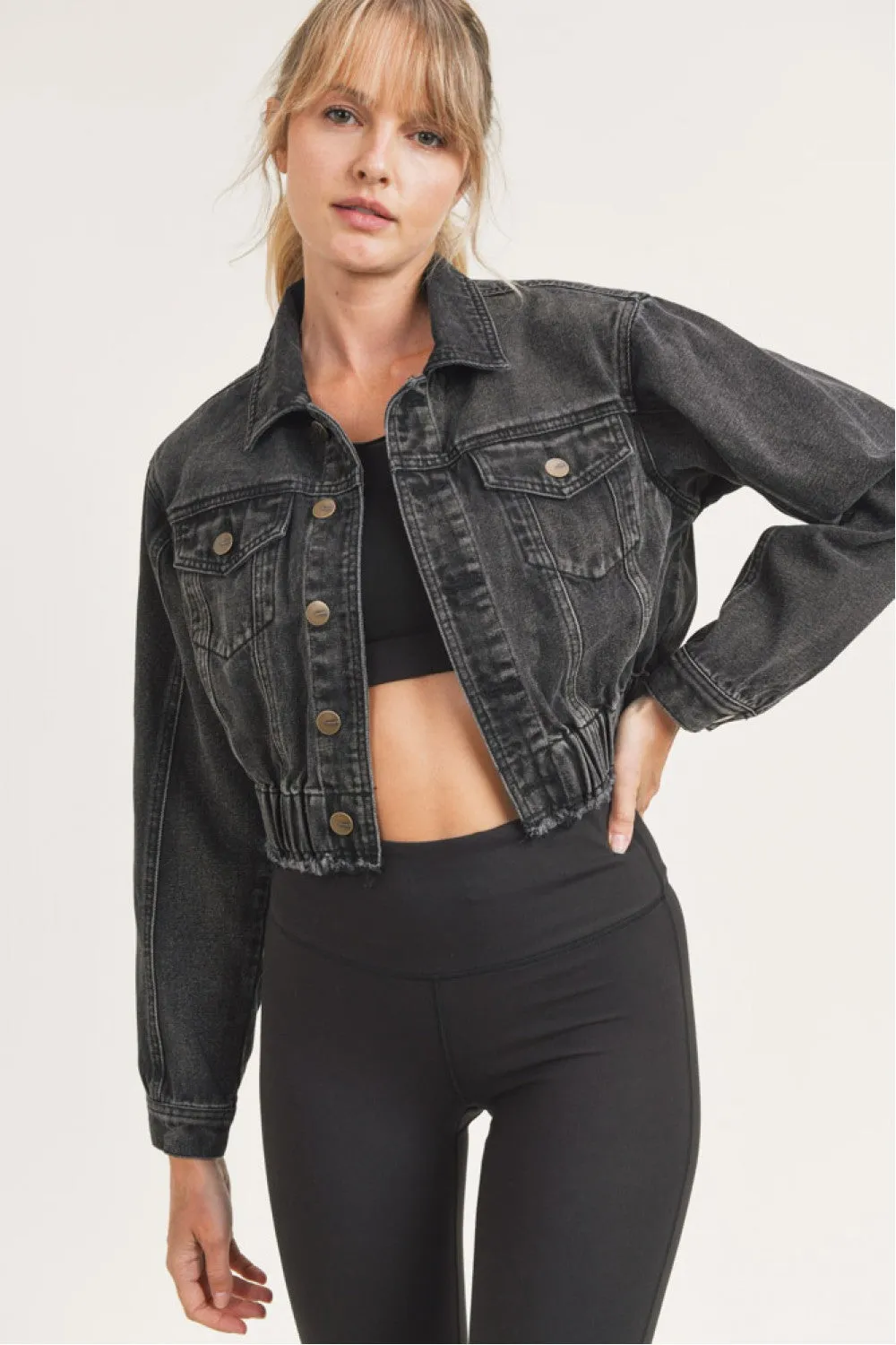 Mono B Cropped Denim Jacket with Tapered Sleeves and Shirred Hem